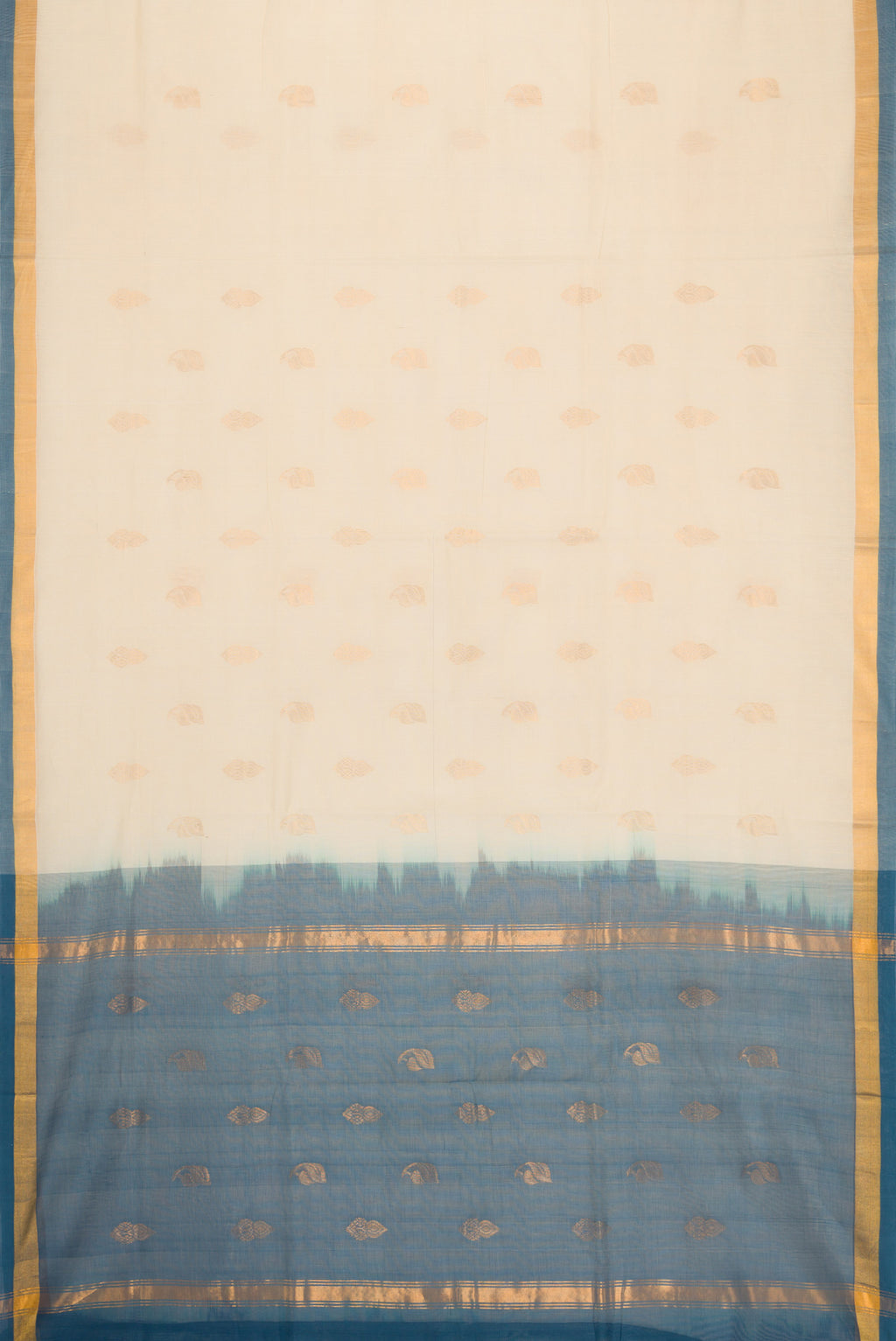 Flat view of Beige Dual Tone Uppada Cotton Saree with Zari Butta on the body and Zari Border. 