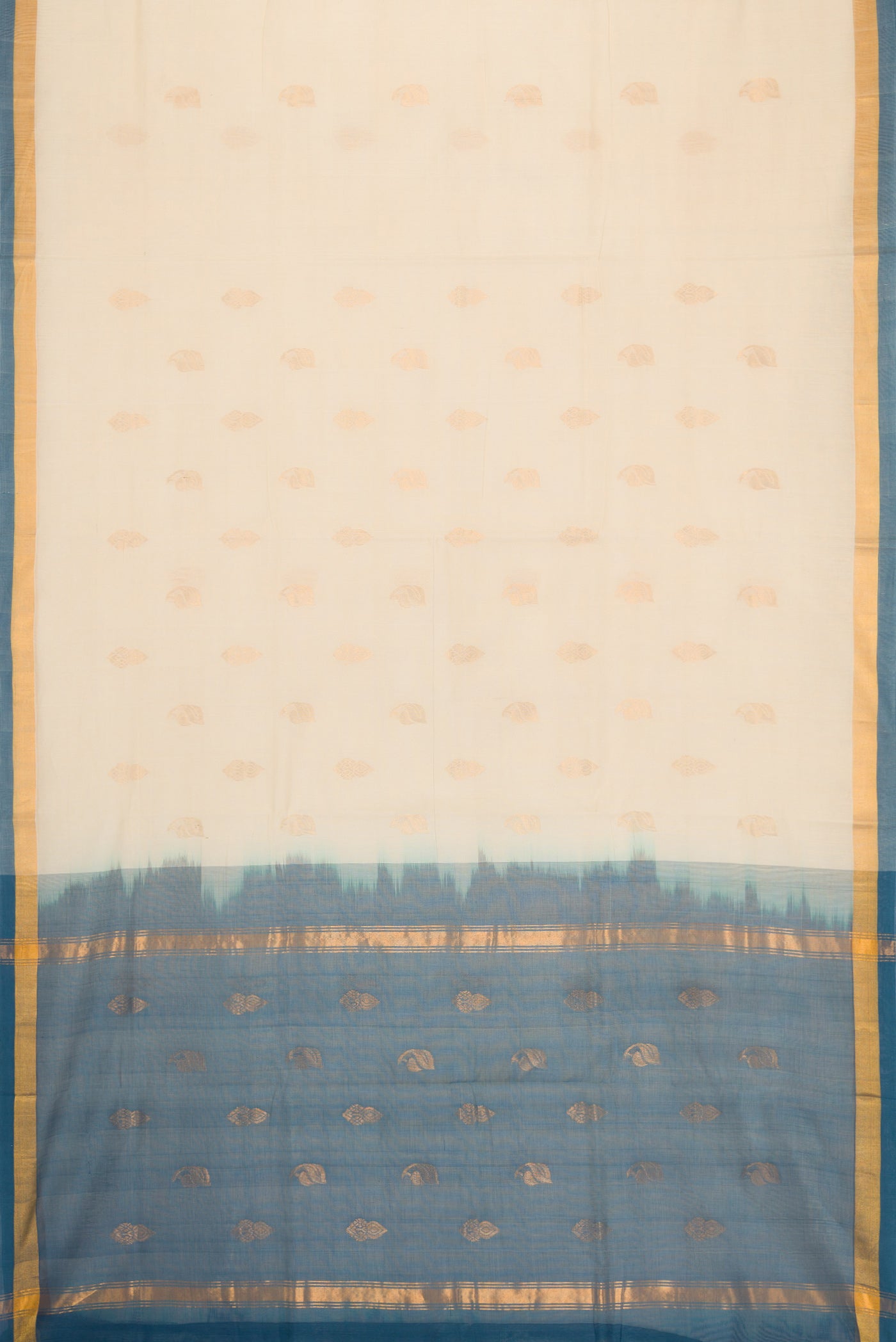Flat view of Beige Dual Tone Uppada Cotton Saree with Zari Butta on the body and Zari Border. 
