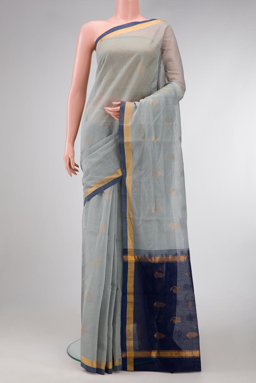 Grey Dual Tone Uppada Cotton Saree with Zari Butta on the body and Zari Border.  displayed on a mannequin
