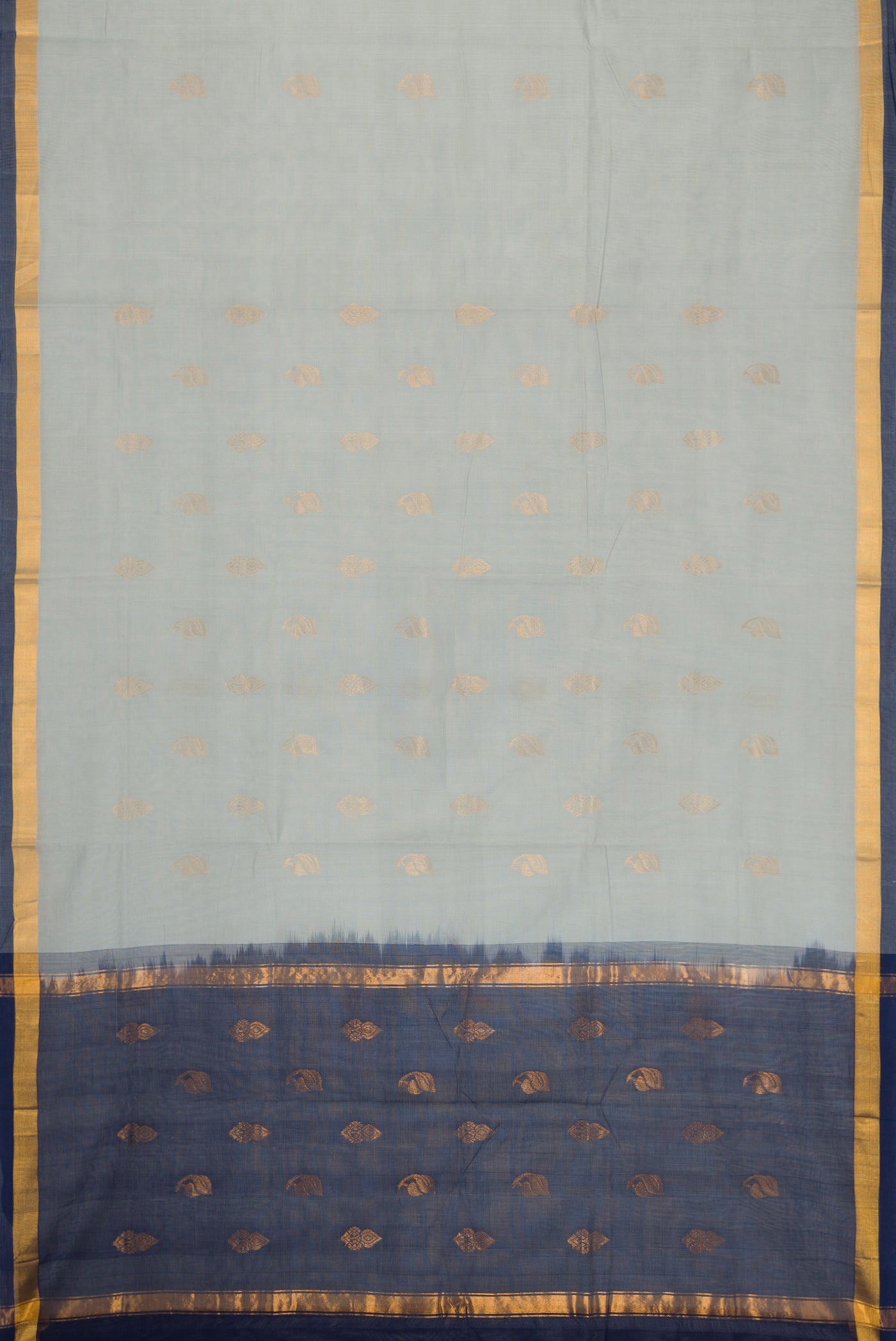 Flat view of Grey Dual Tone Uppada Cotton Saree with Zari Butta on the body and Zari Border. 