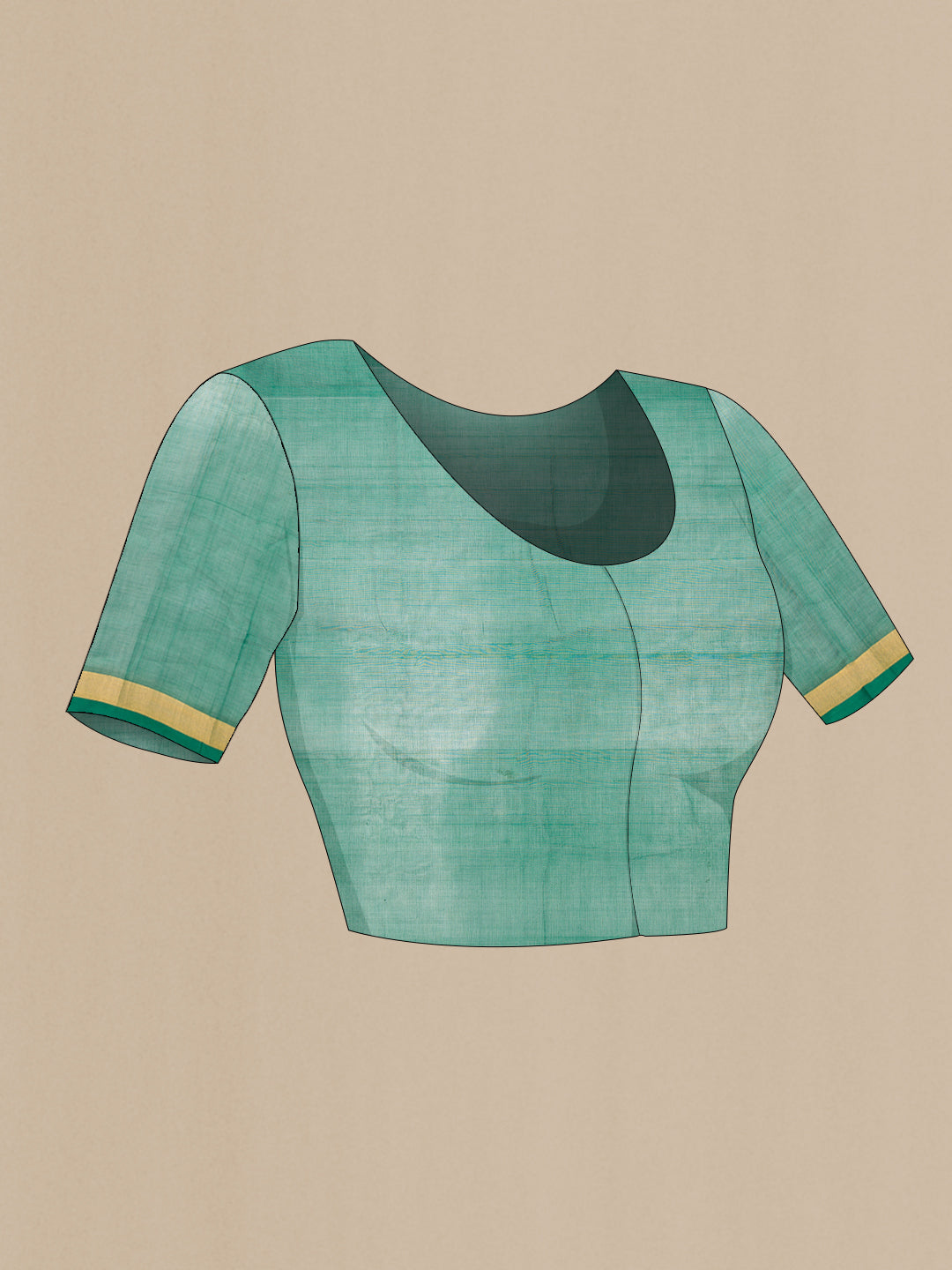 Close up image of the blouse of Pista Green Dual Tone Uppada Cotton Saree with Zari Butta on the body and Zari Border. 