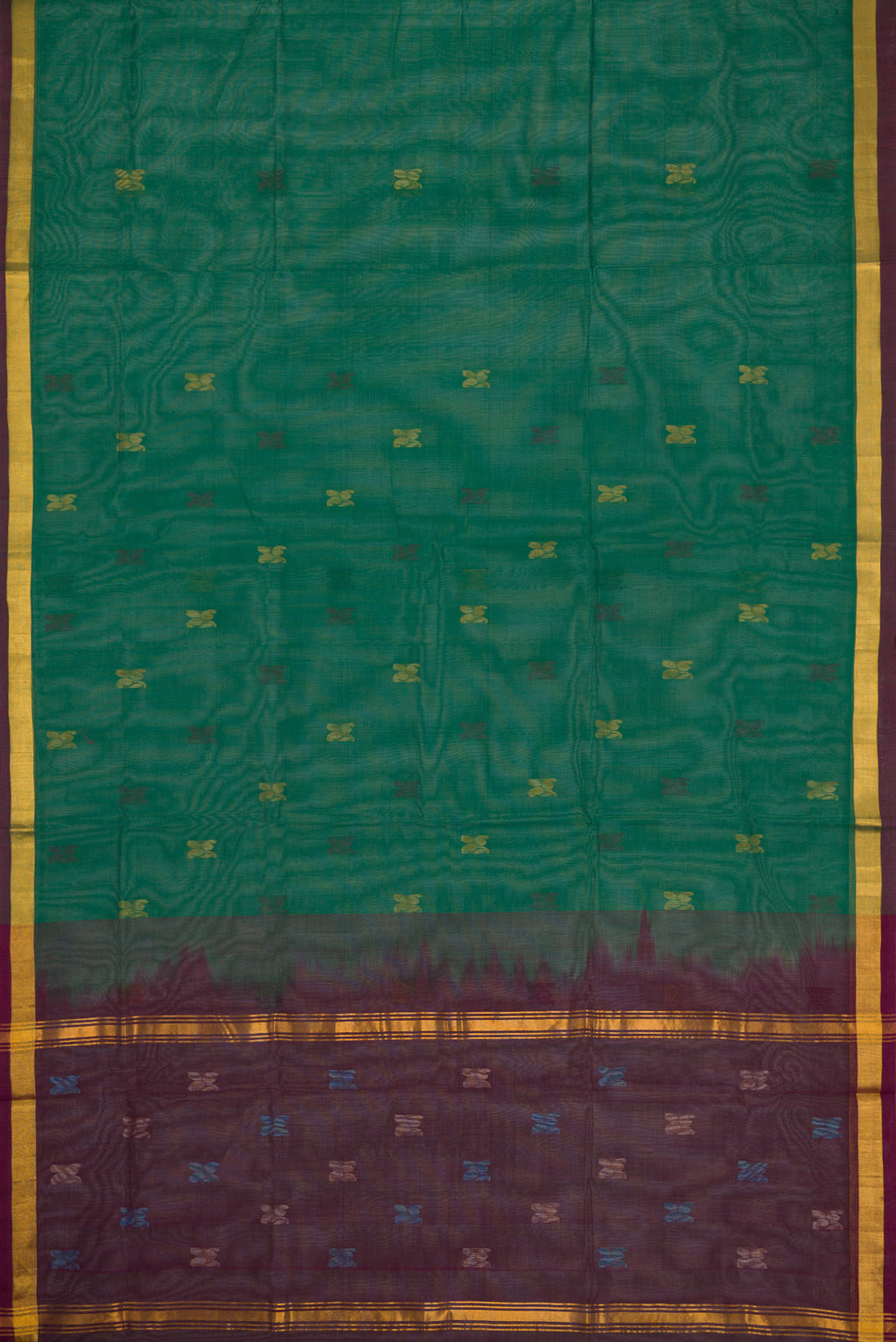 Flat view of Pista Green Dual Tone Uppada Cotton Saree with Zari Butta on the body and Zari Border. 