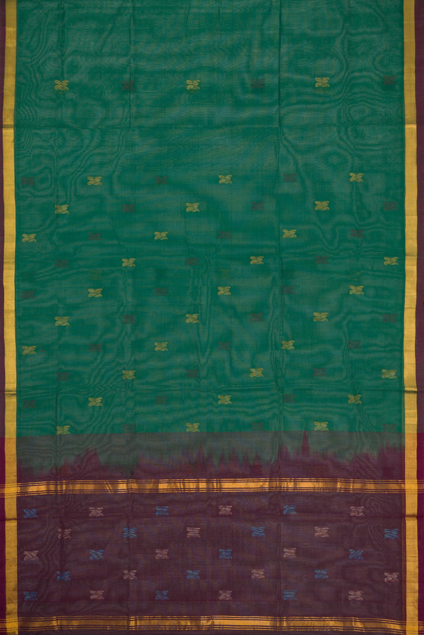 Flat view of Pista Green Dual Tone Uppada Cotton Saree with Zari Butta on the body and Zari Border. 