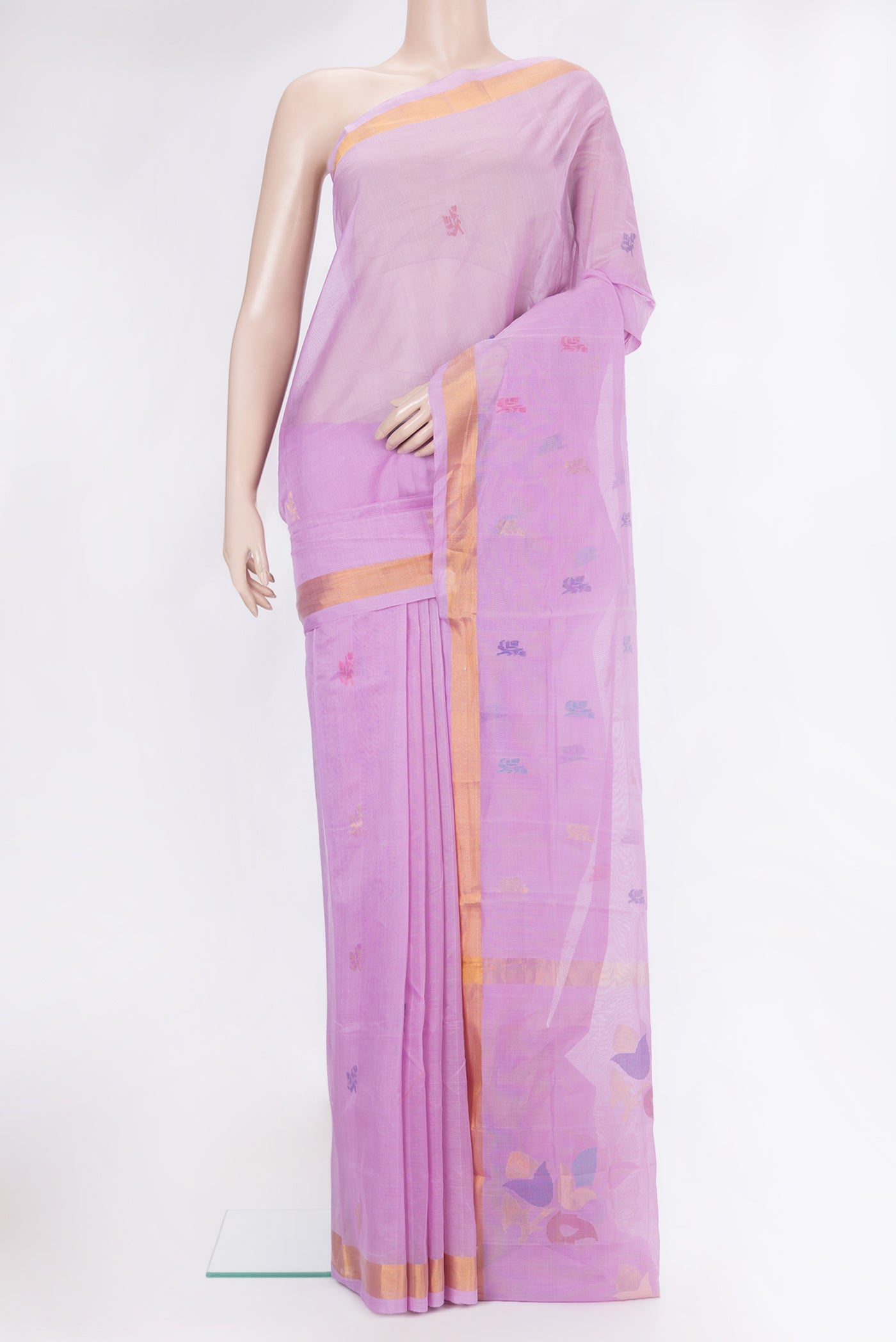 Lavender Uppada Cotton Saree with Zari And Thread Butta on the body and Zari Border.  displayed on a mannequin