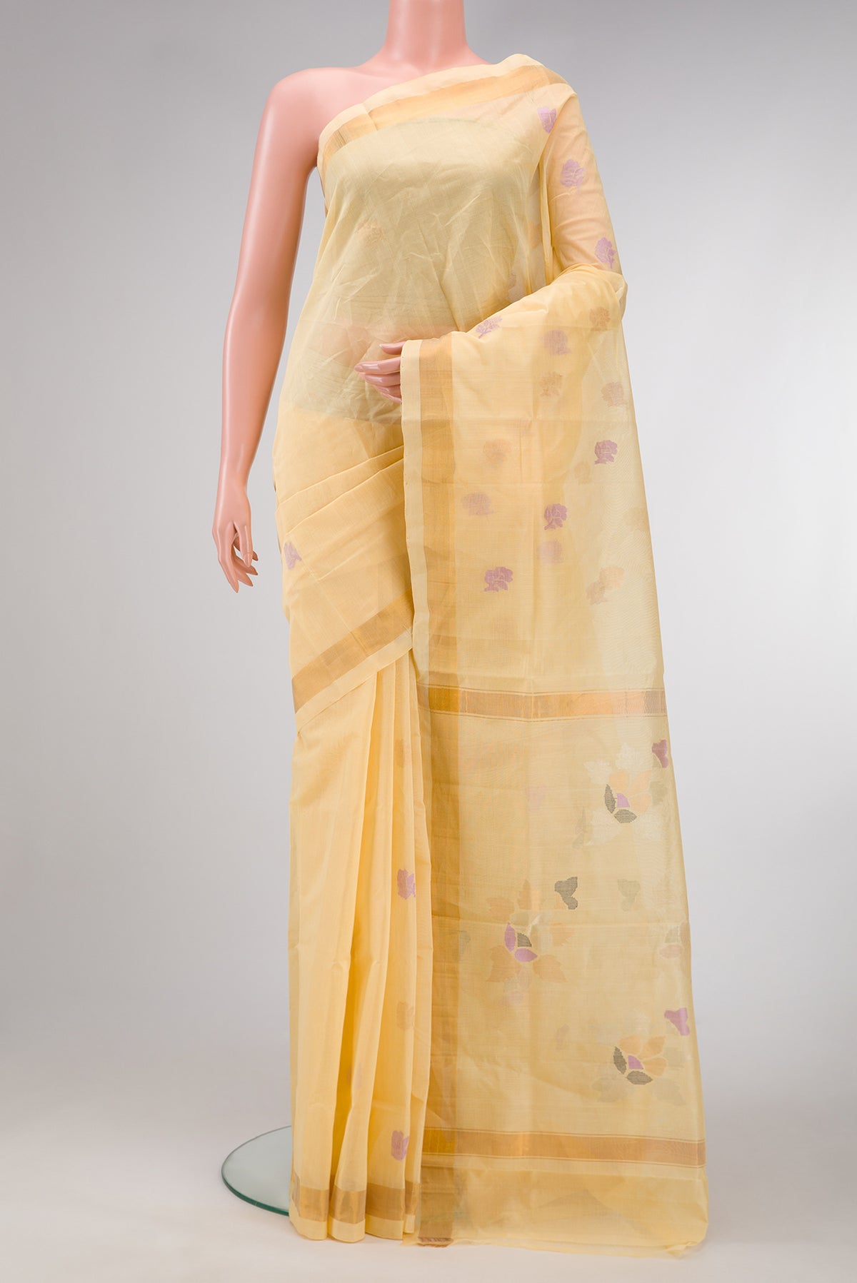 Sandal Dual Tone Uppada Cotton Saree with Thread Butta on the body and Zari Border.  displayed on a mannequin