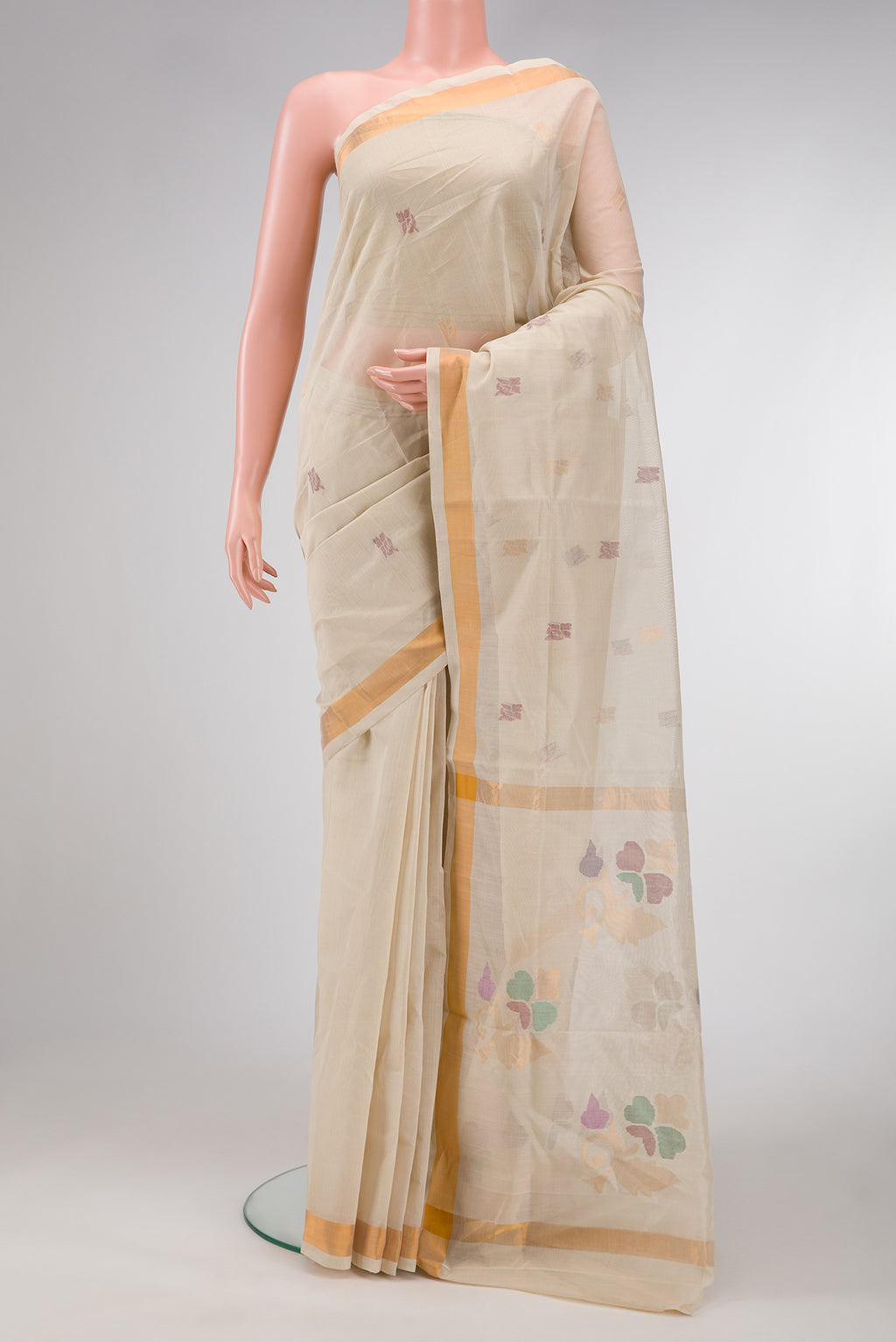 Beige Dual Tone Uppada Cotton Saree with Zari Butta on the body and Zari Border.  displayed on a mannequin
