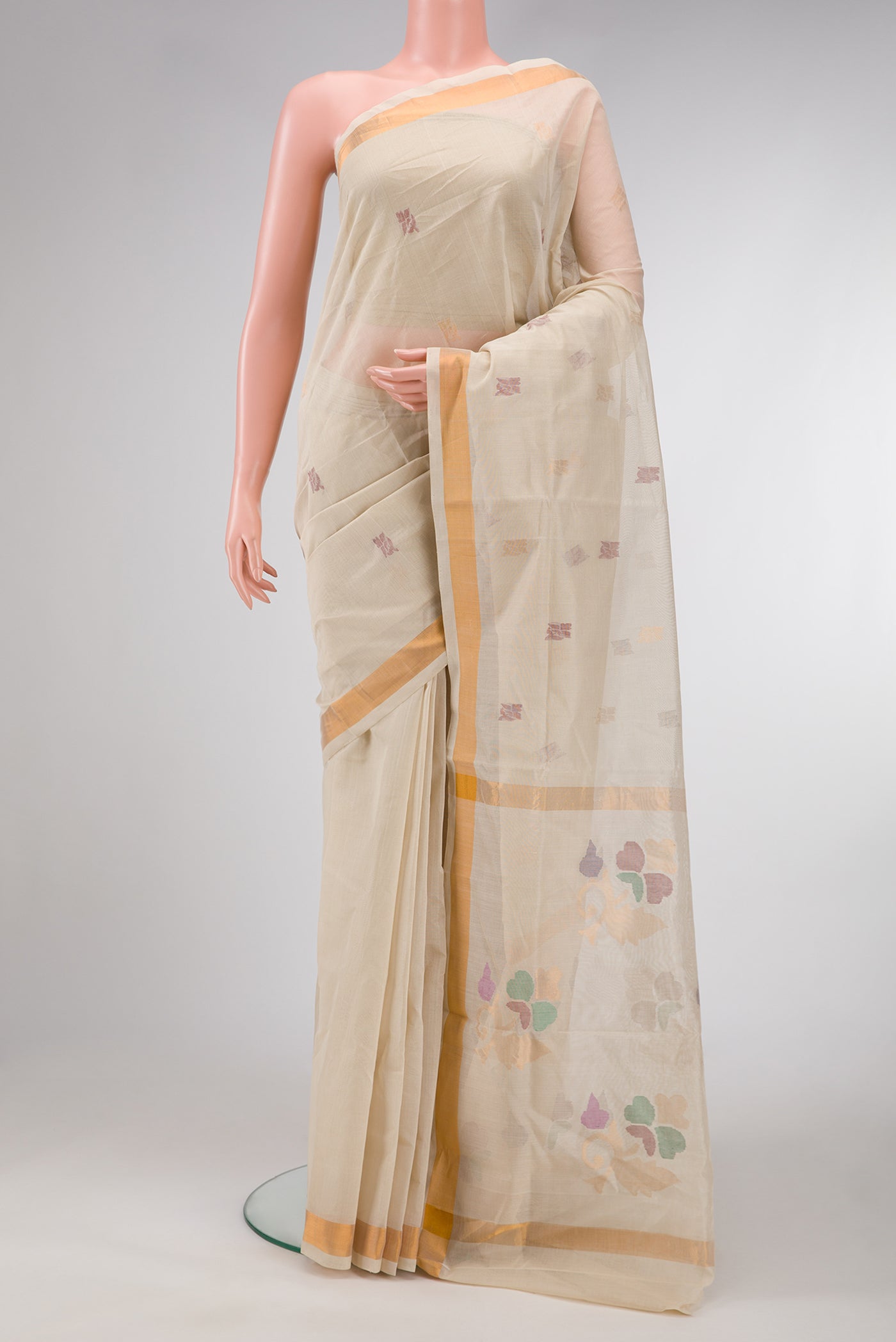 Beige Dual Tone Uppada Cotton Saree with Zari Butta on the body and Zari Border.  displayed on a mannequin
