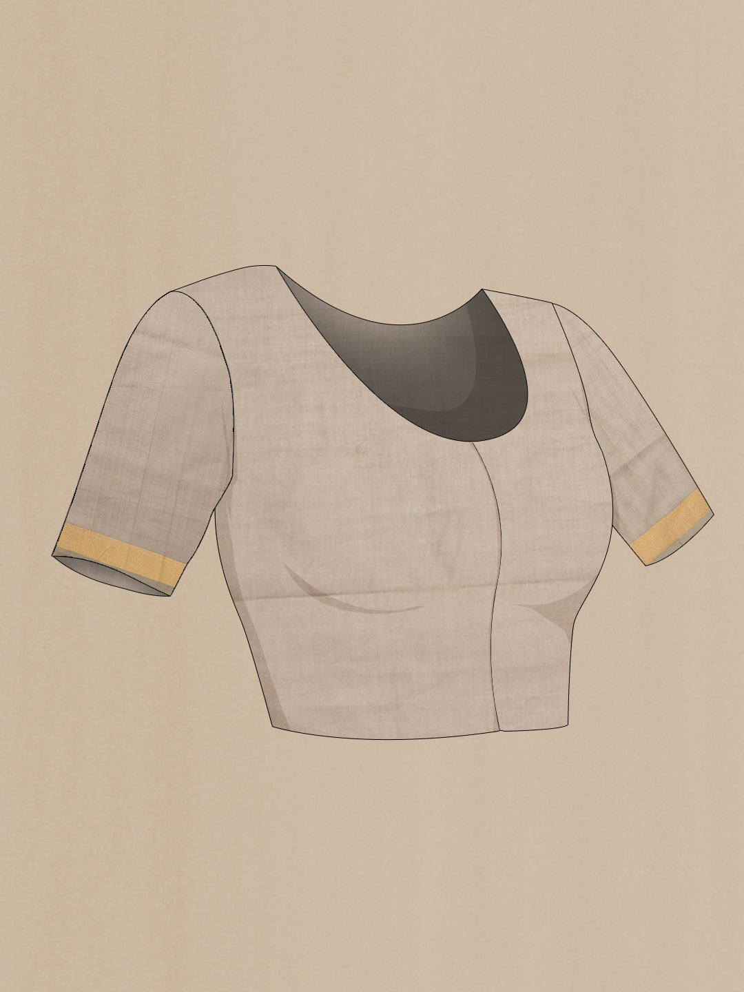 Close up image of the blouse of Dark Beige Uppada Cotton Saree with Zari And Thread Butta on the body and Zari Border. 