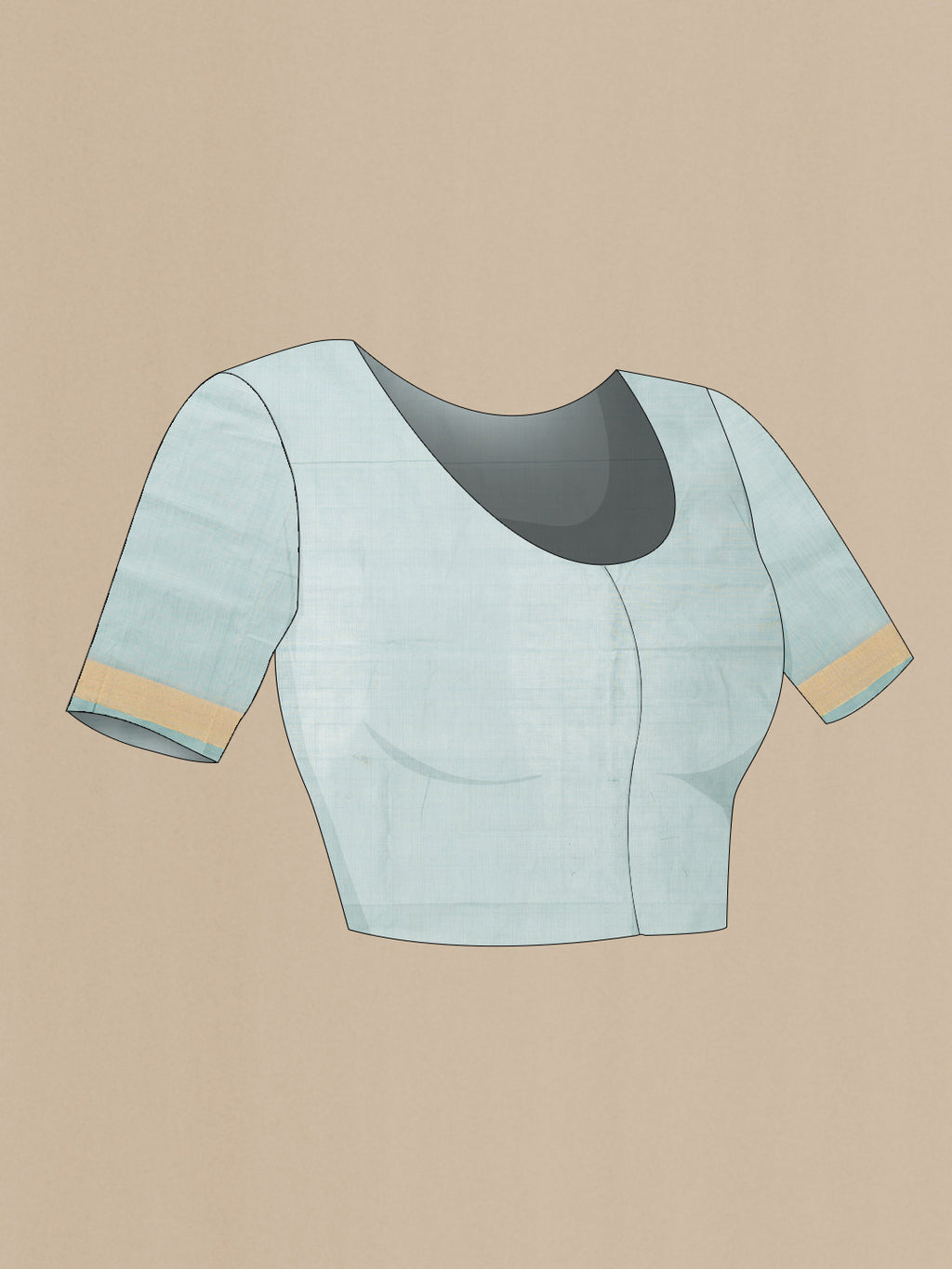 Close up image of the blouse of Grey Dual Tone Uppada Cotton Saree with Thread Butta on the body and Zari Border. 