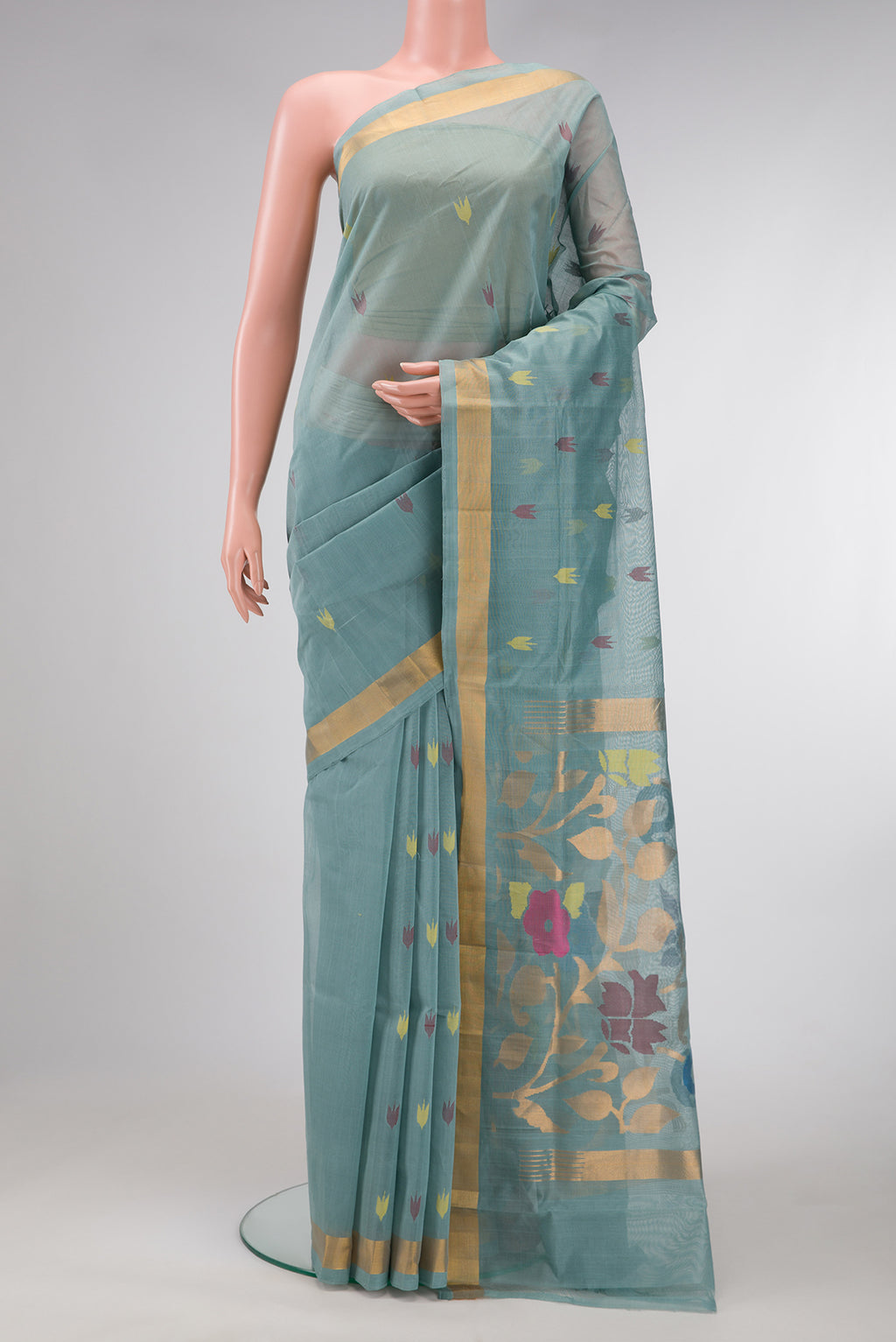 Grey Dual Tone Uppada Cotton Saree with Thread Butta on the body and Zari Border.  displayed on a mannequin
