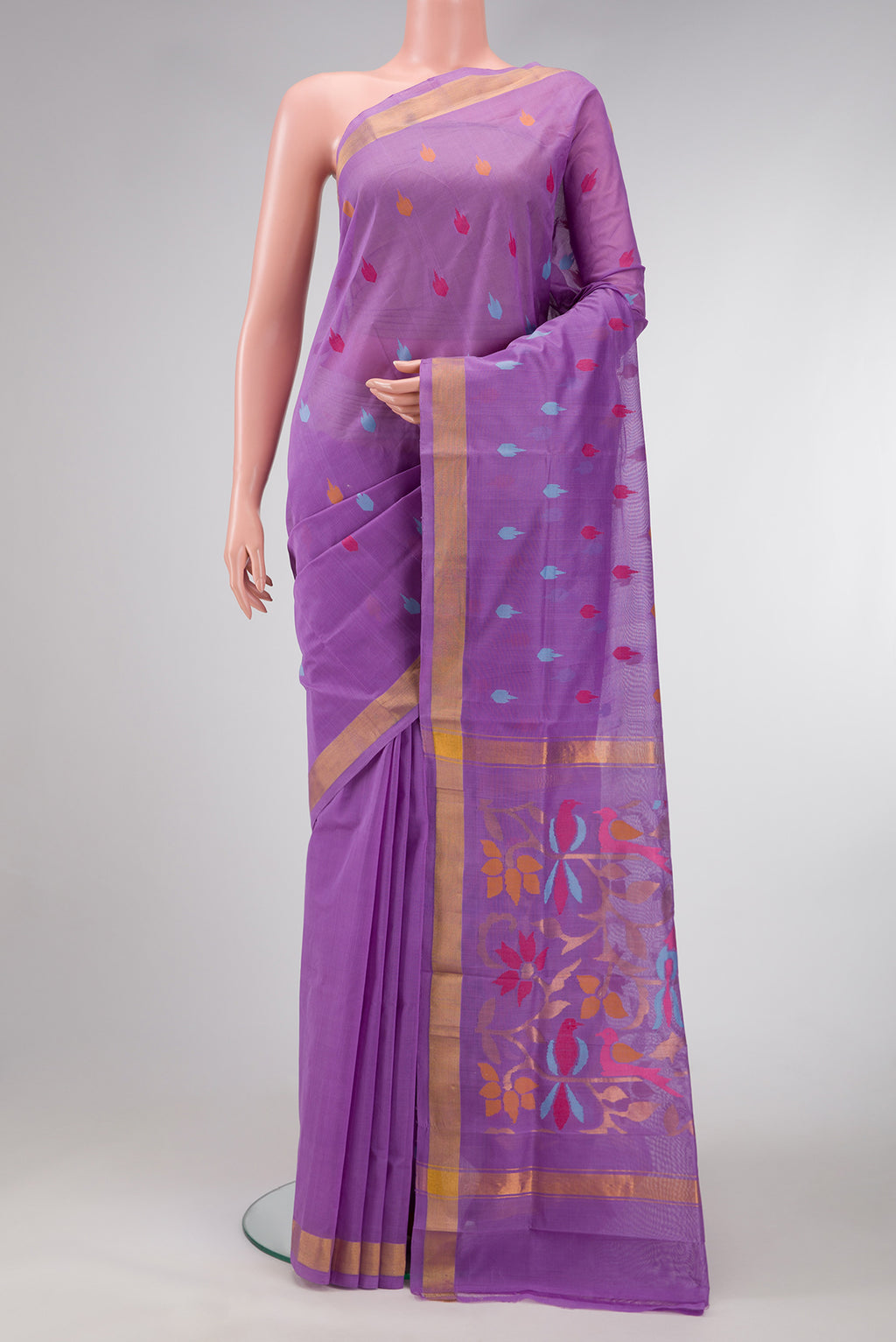 Lavender Dual Tone Uppada Cotton Saree with Thread Butta on the body and Zari Border.  displayed on a mannequin