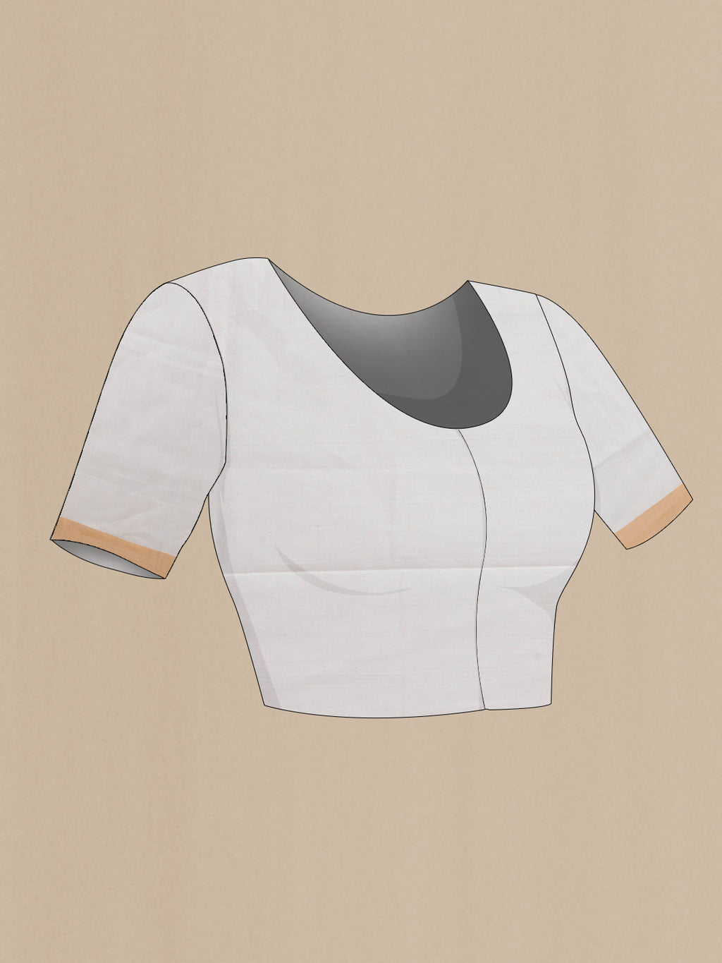 Close up image of the blouse of Off White Uppada Cotton Saree with Zari And Thread Butta on the body and Zari Border. 