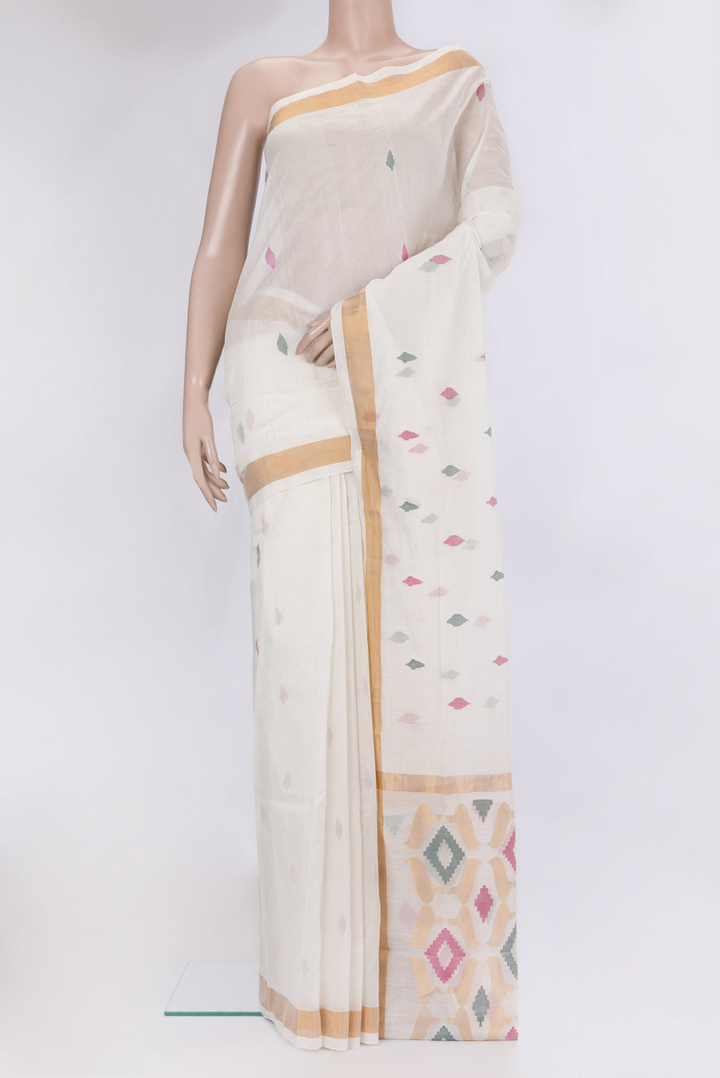 Off White Uppada Cotton Saree with Zari And Thread Butta on the body and Zari Border.  displayed on a mannequin