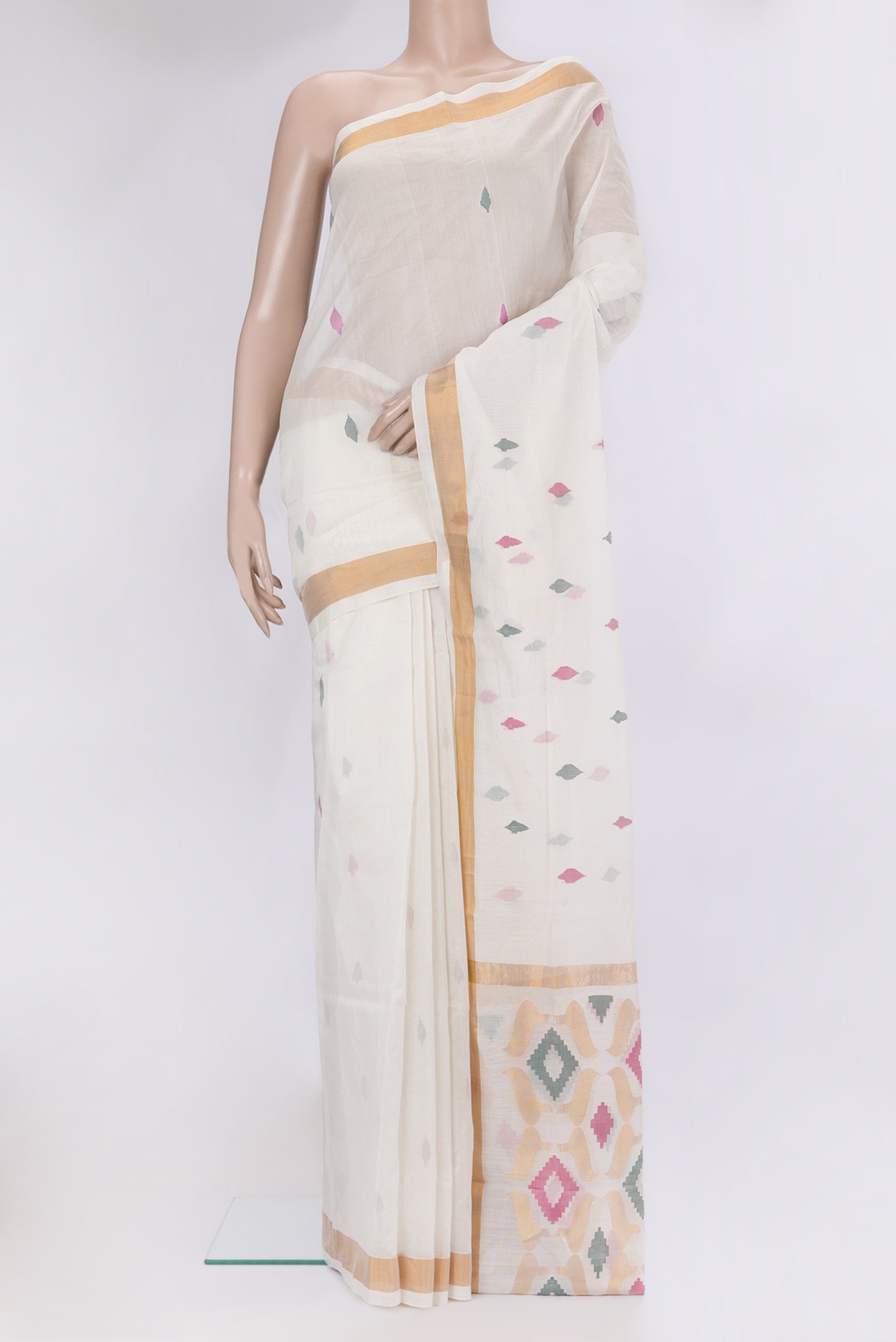 Off White Uppada Cotton Saree with Zari And Thread Butta on the body and Zari Border.  displayed on a mannequin