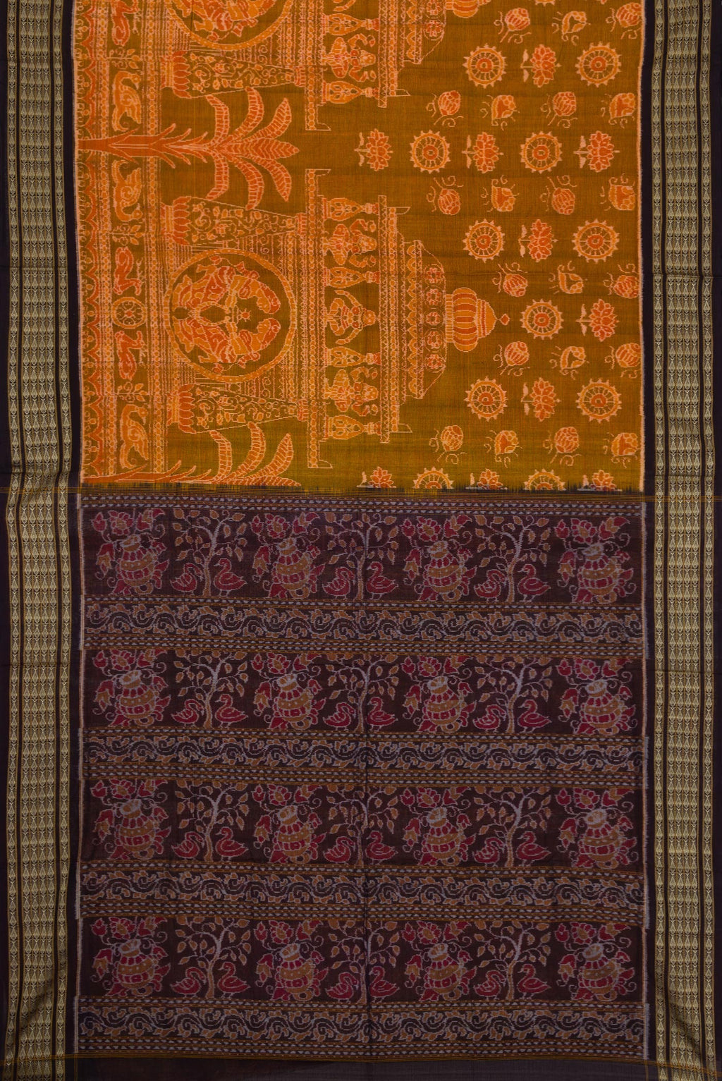 Flat view of Mustard Dual Tone Double Ikat Saree with Ikat Print on the body and Thread Border. 