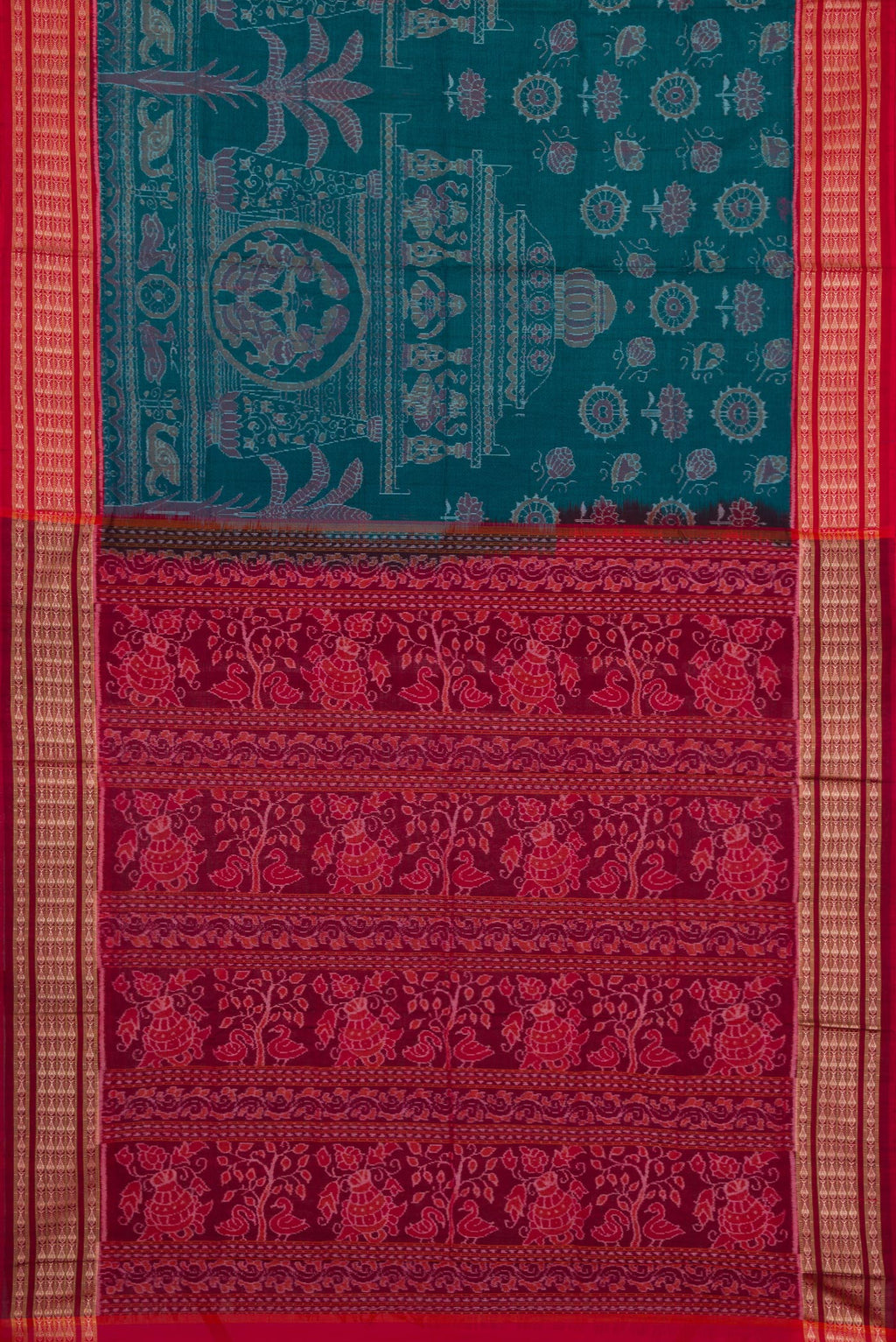 Flat view of Peacock Blue Dual Tone Double Ikat Saree with Ikat Print on the body and Thread Border. 