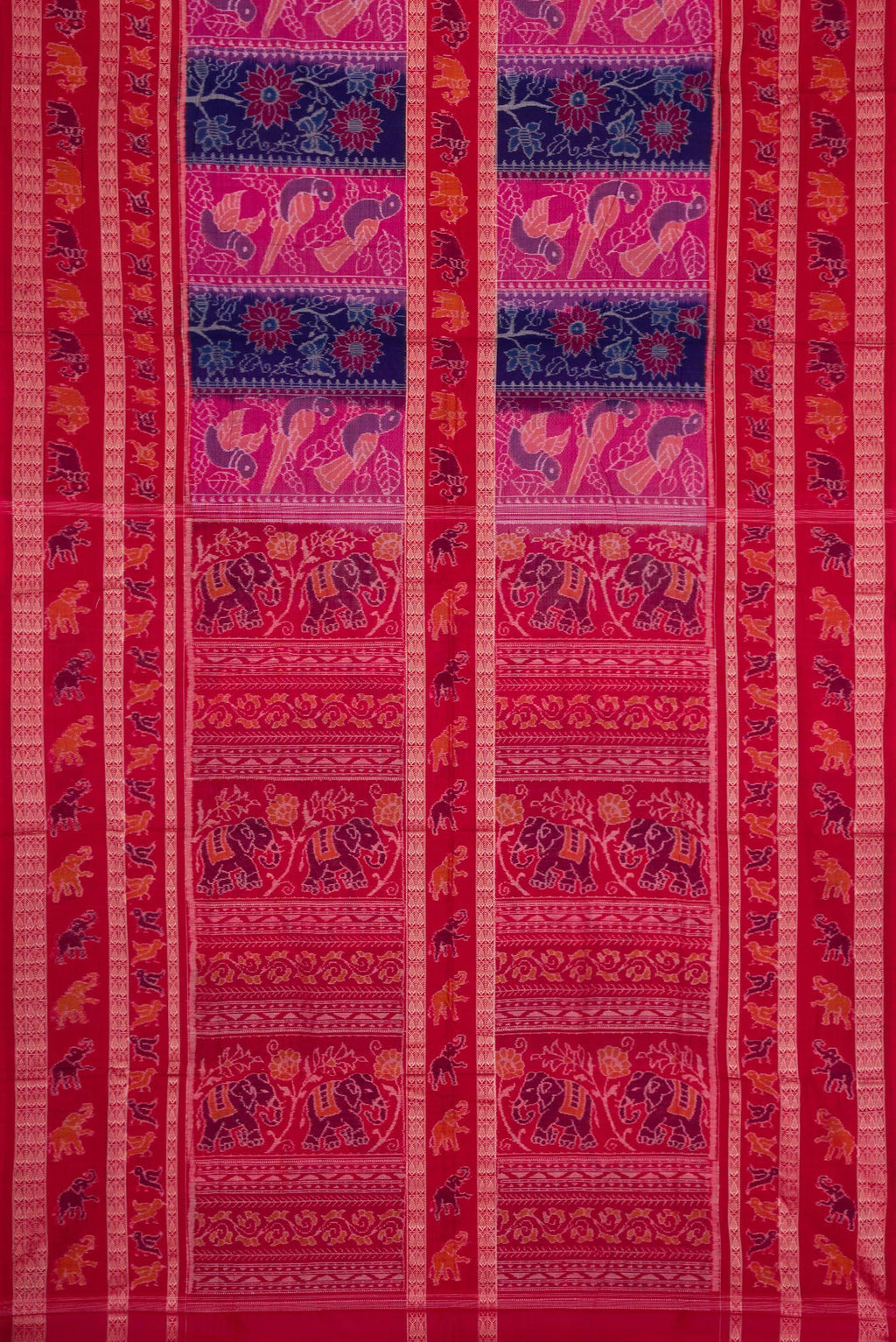 Flat view of Royal Blue Dual Tone Double Ikat Saree with Ikat Print on the body and Thread Border. 