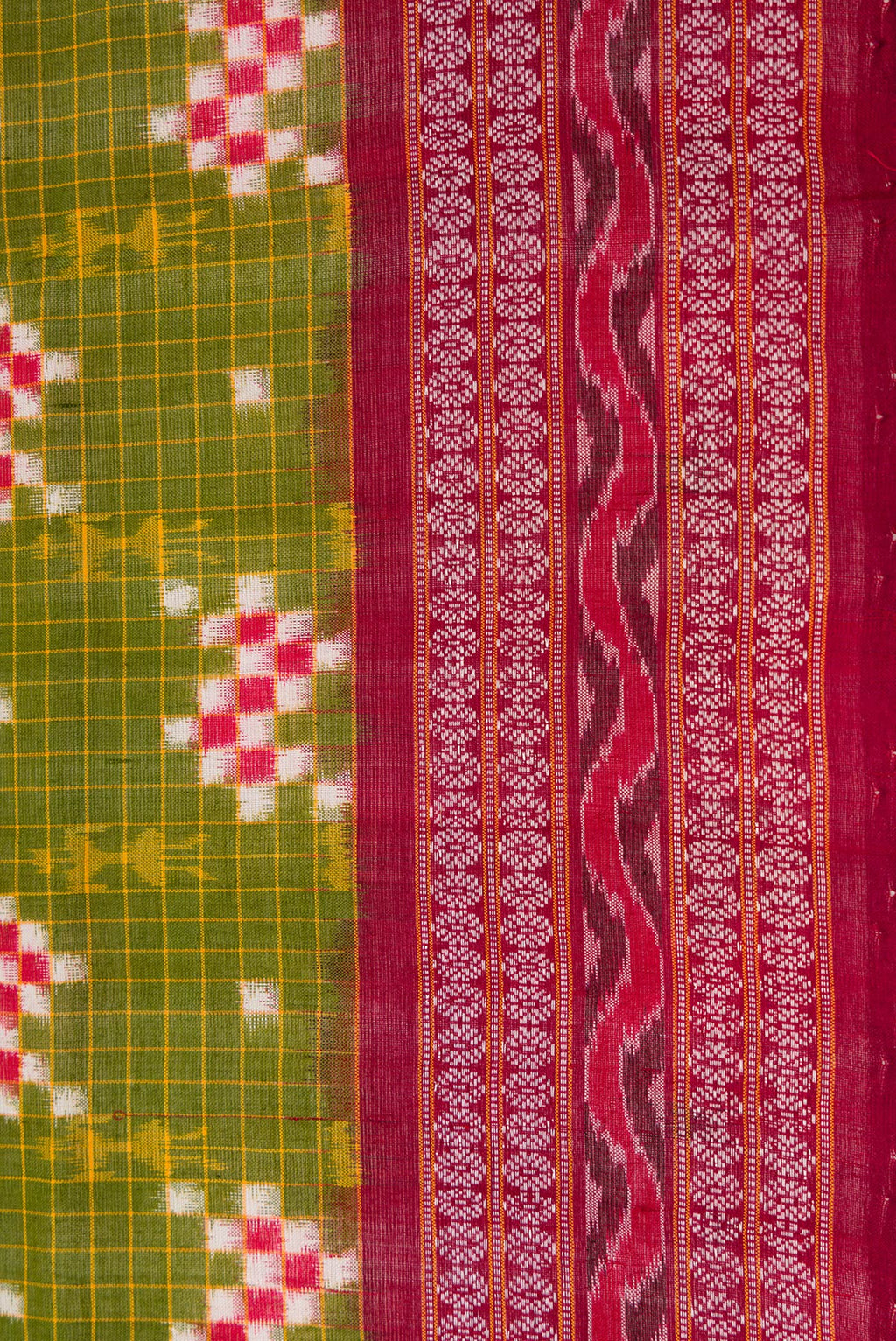 Border image of Green Dual Tone Double Ikat Saree with Ikat Print on the body and Thread Border. 