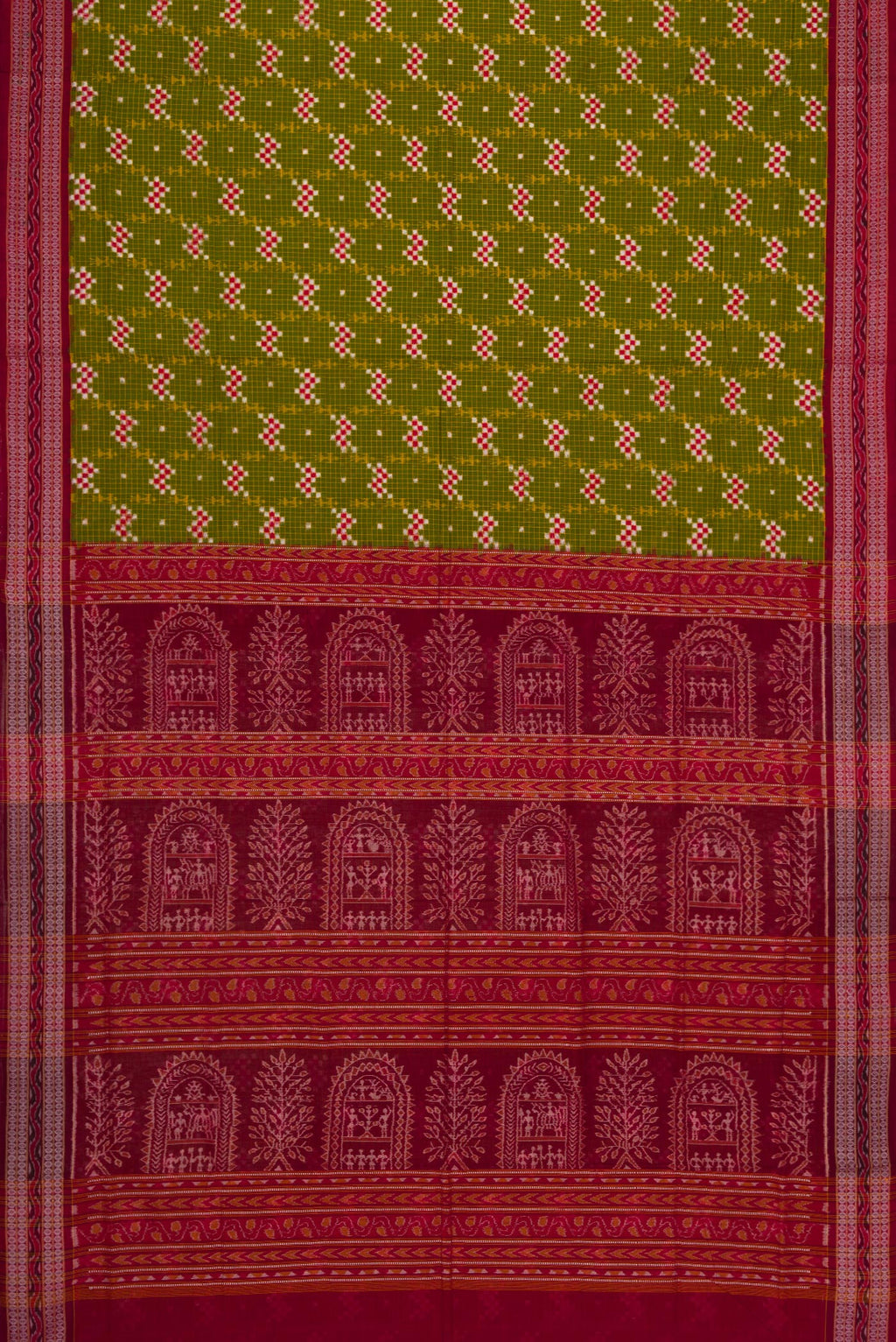 Flat view of Green Dual Tone Double Ikat Saree with Ikat Print on the body and Thread Border. 