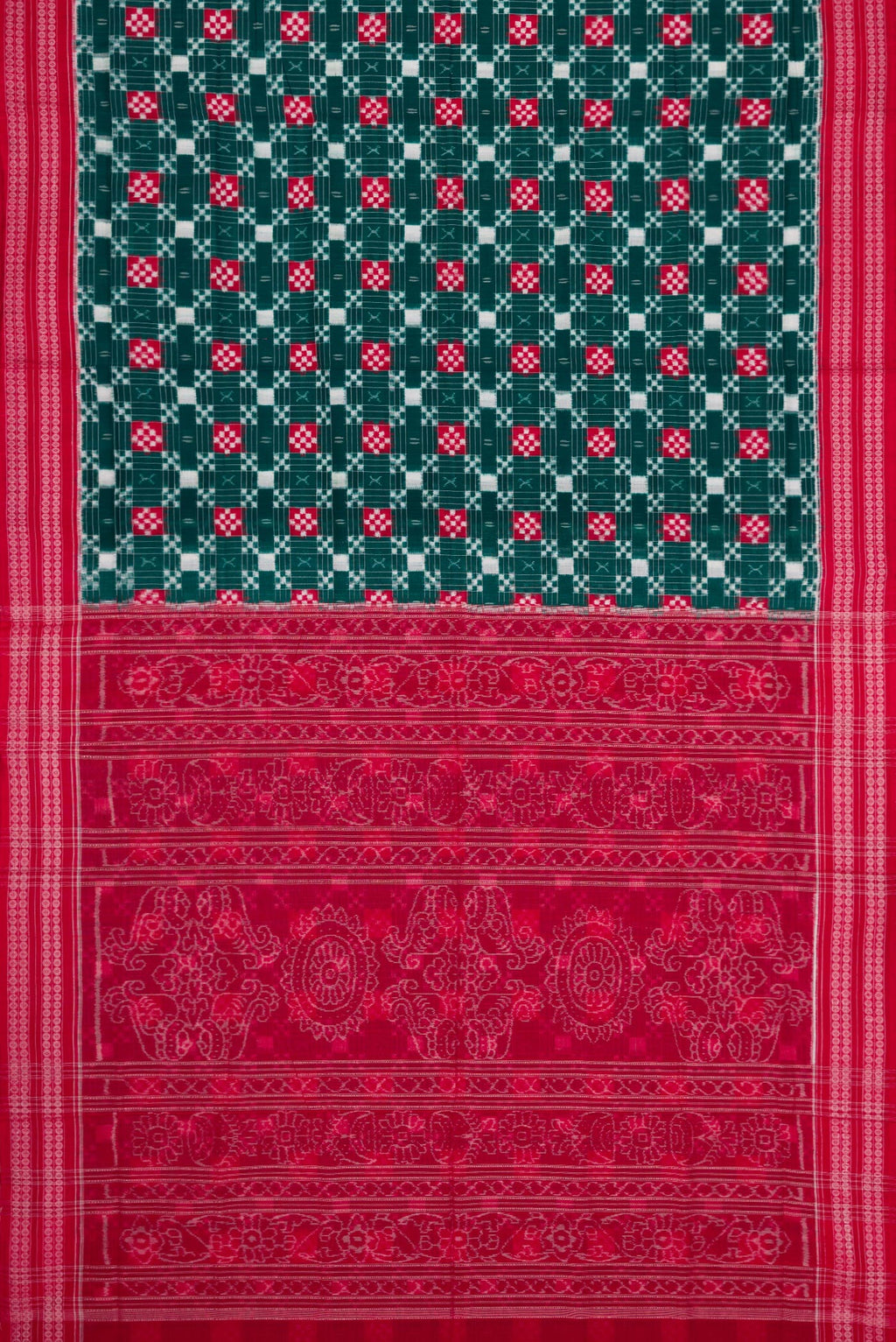 Flat view of Bottle Green Dual Tone Double Ikat Saree with Ikat Print on the body and Thread Border. 