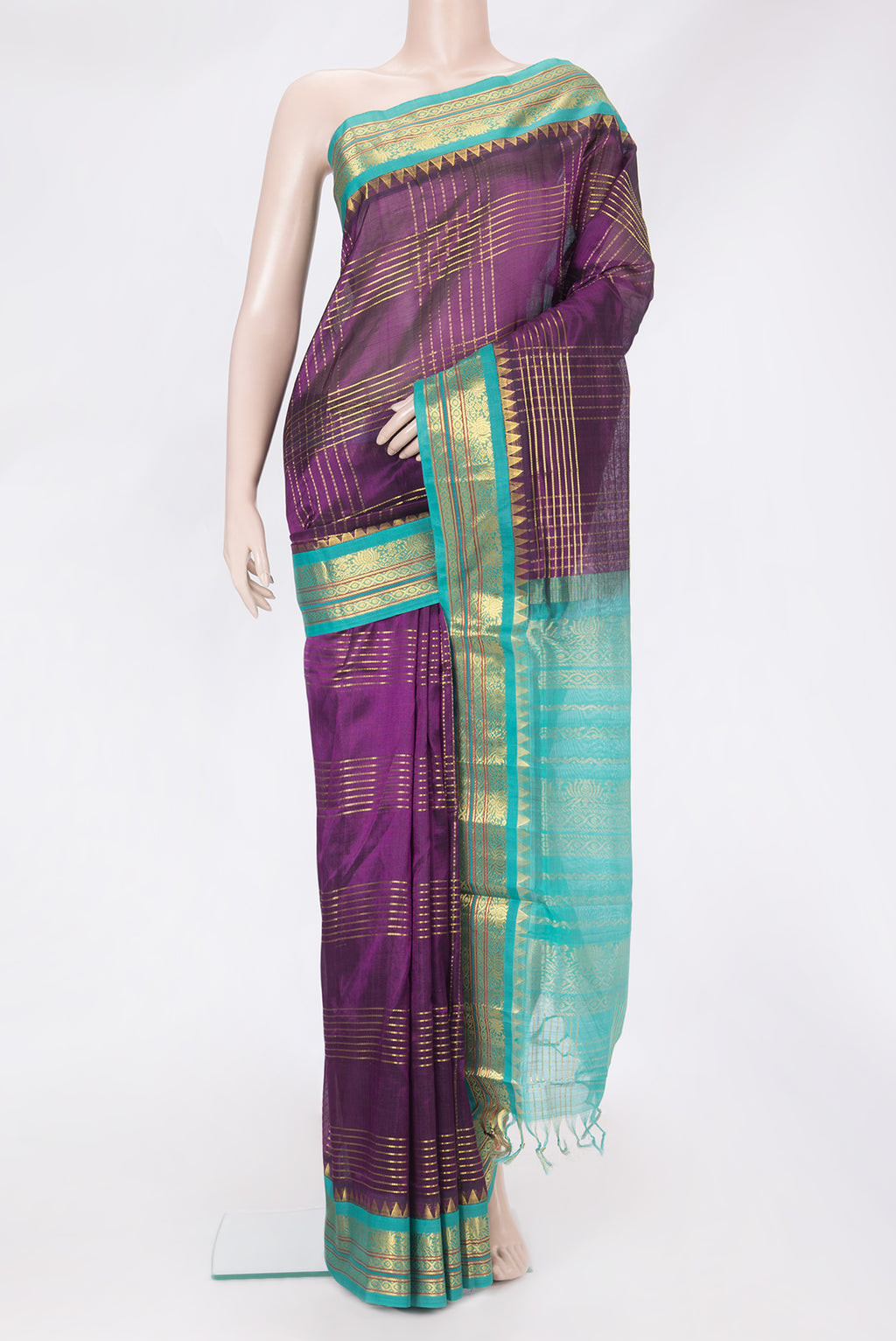 Purple Silk Cotton Saree with Checked design on the body and Zari And Thread Border.  displayed on a mannequin