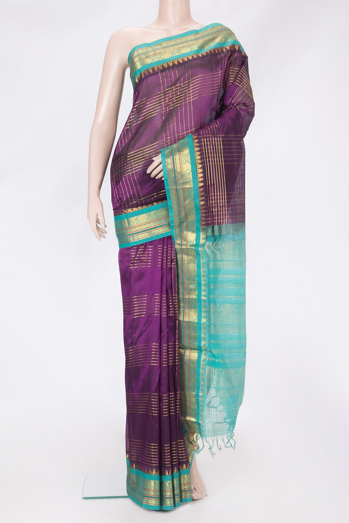 Purple Silk Cotton Saree with Checked design on the body and Zari And Thread Border.  displayed on a mannequin