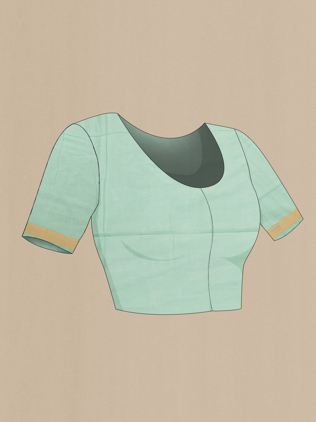 Close up image of the blouse of Sea Green Uppada Cotton Saree with Zari And Thread Butta on the body and Zari Border. 