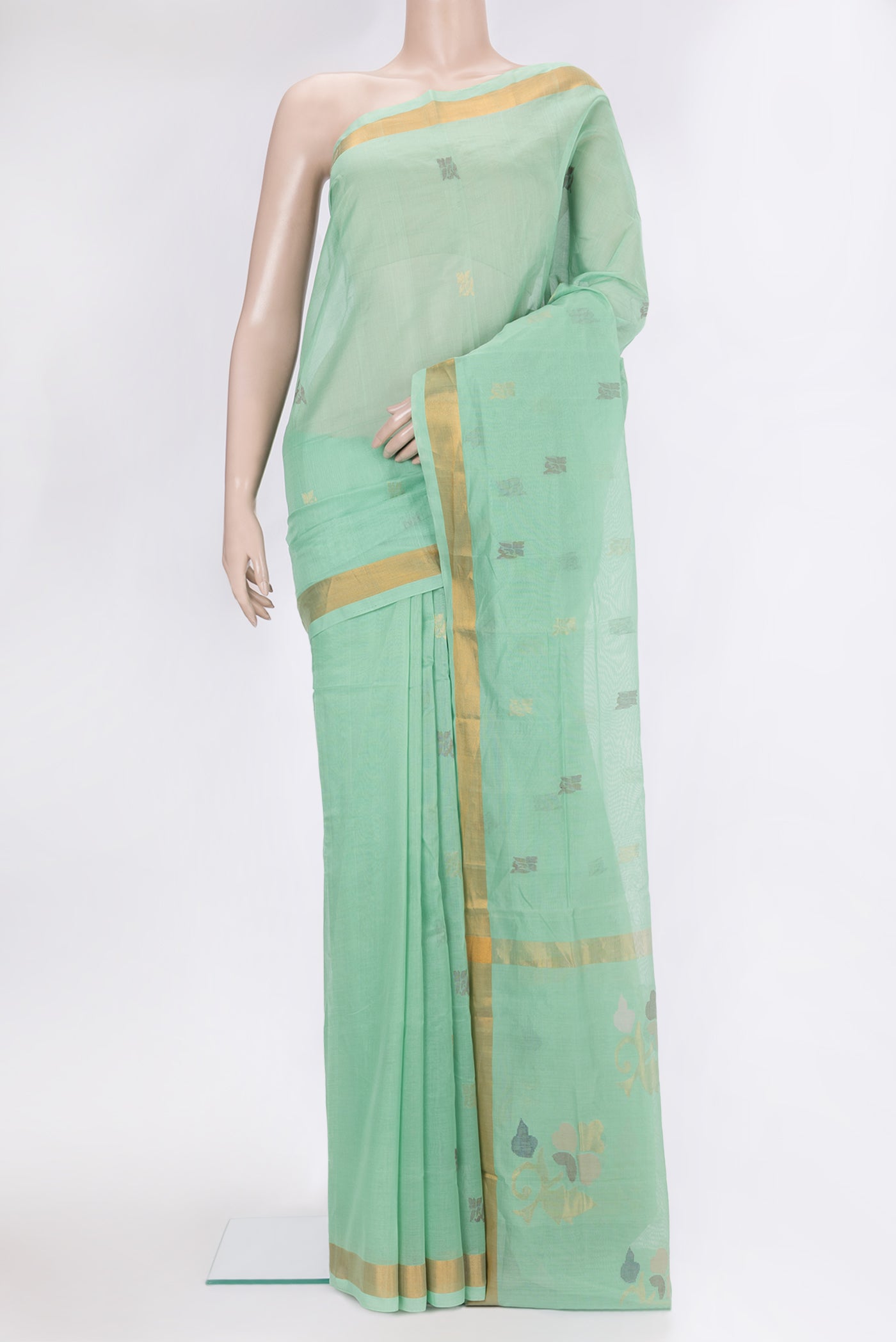Sea Green Uppada Cotton Saree with Zari And Thread Butta on the body and Zari Border.  displayed on a mannequin