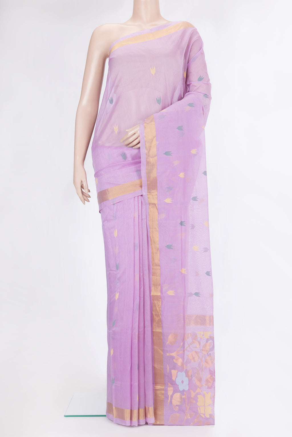 Lavender Uppada Cotton Saree with Zari And Thread Butta on the body and Zari Border.  displayed on a mannequin