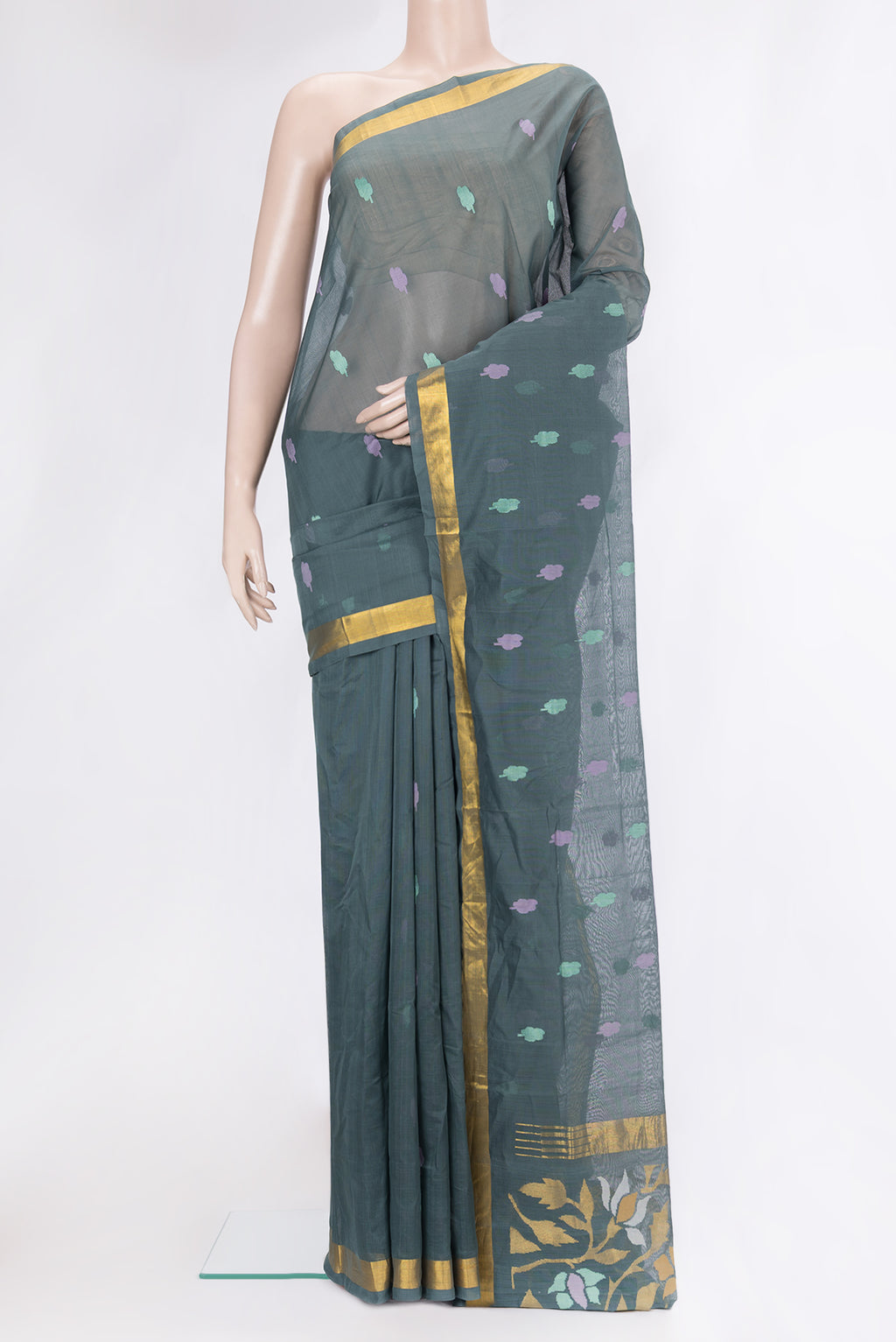 Green Uppada Cotton Saree with Zari And Thread Butta on the body and Zari Border.  displayed on a mannequin