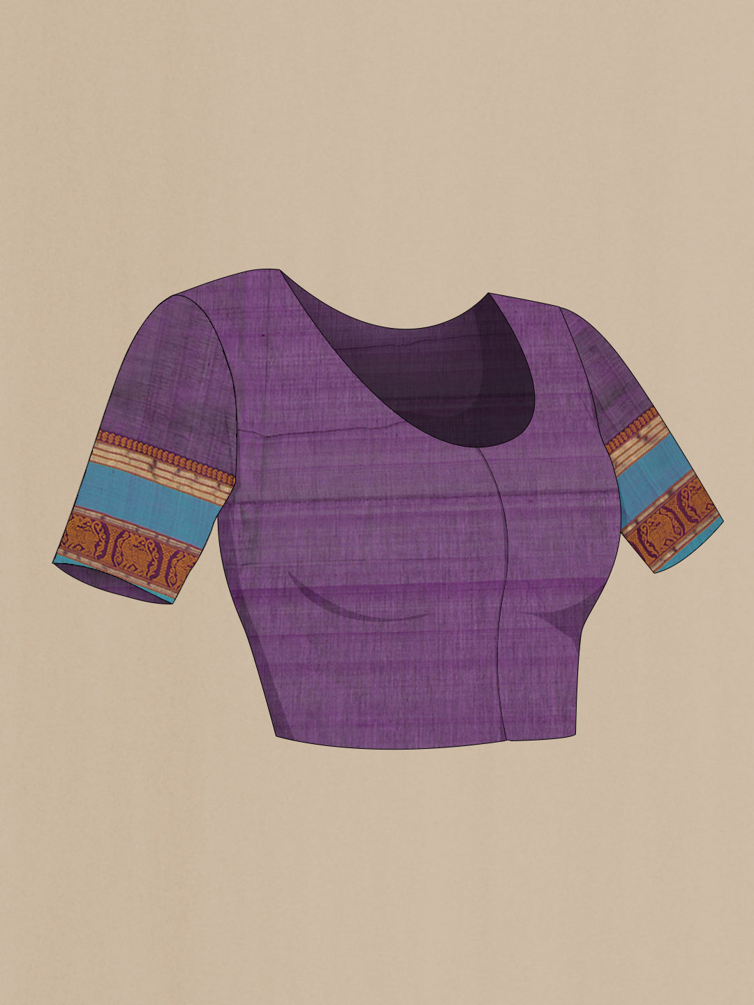 Close up image of the blouse of Purple Silk Cotton Saree with Checked design on the body and Zari And Thread Border. 