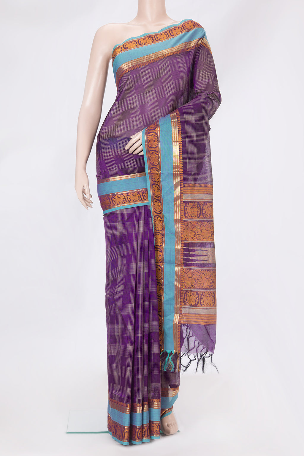 Purple Silk Cotton Saree with Checked design on the body and Zari And Thread Border.  displayed on a mannequin