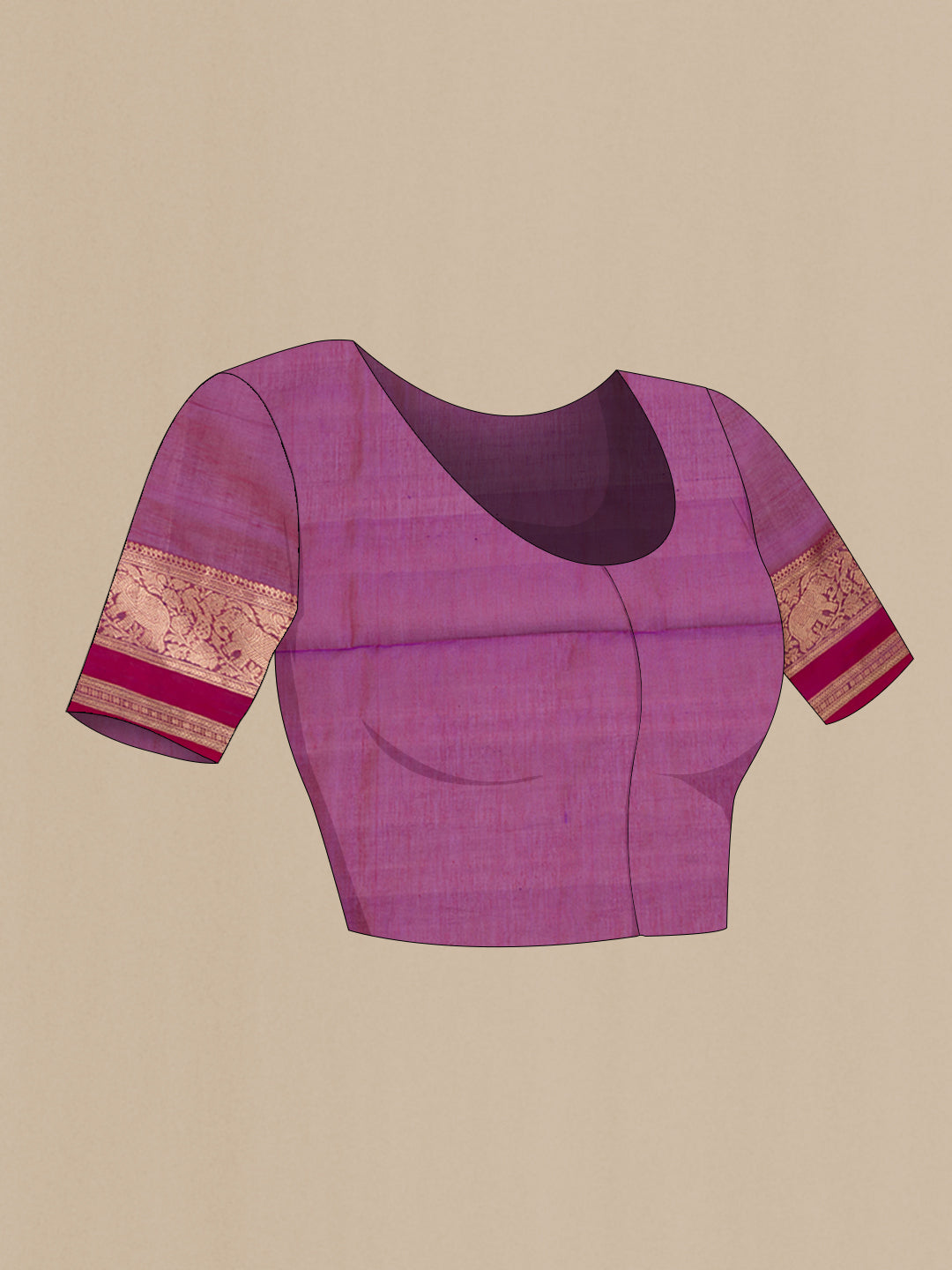 Close up image of the blouse of Purple Silk Cotton Saree with Checked design on the body and Zari Border. 