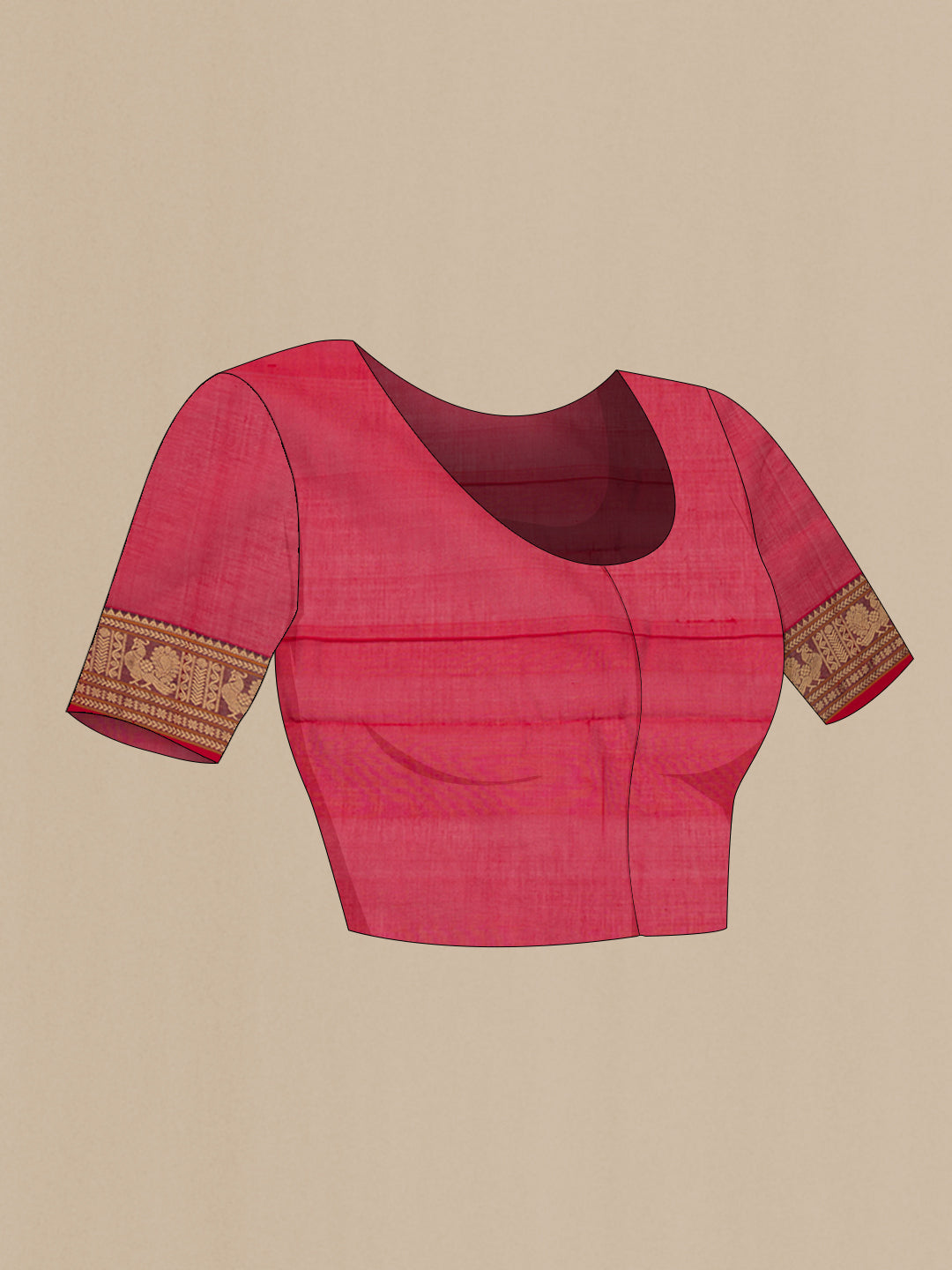 Close up image of the blouse of Red Silk Cotton Saree with Checked design on the body and Zari And Thread Border. 