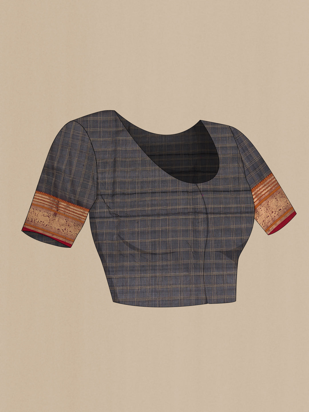 Close up image of the blouse of Black Silk Cotton Saree with Checked design on the body and Zari Border. 