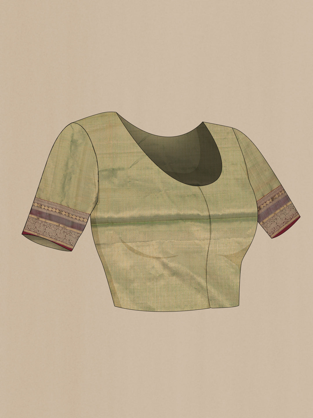 Close up image of the blouse of Green Dual Tone Silk Cotton Saree with Stripes on the body and Zari And Thread Border. 