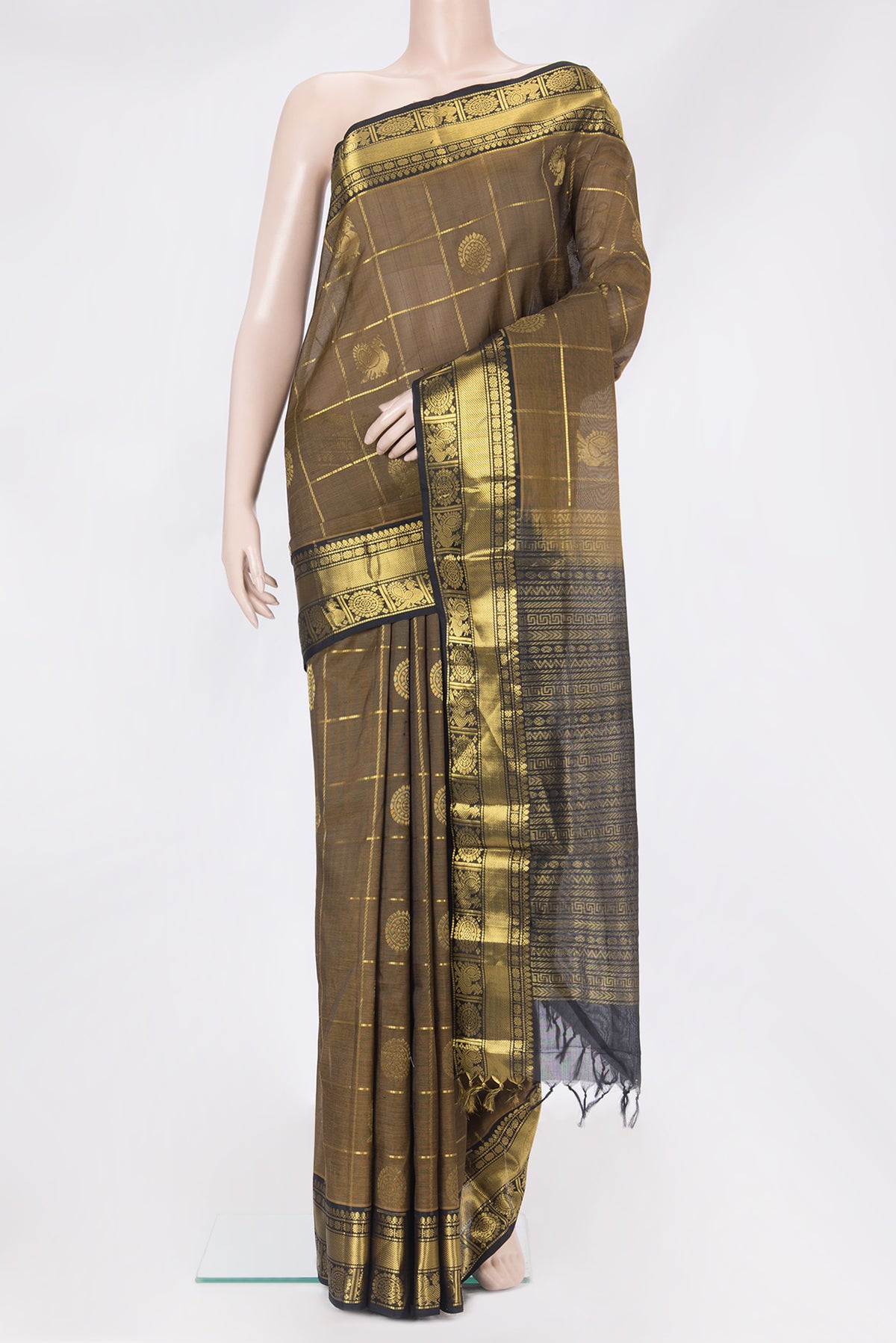 Mehandi Green Dual Tone Silk Cotton Saree with Checked design on the body and Zari Border.  displayed on a mannequin