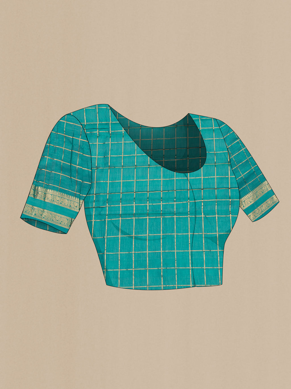 Close up image of the blouse of Magenta Silk Cotton Saree with Checked design on the body and Zari Border. 