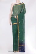 Bottle Green Uppada Cotton Saree with Thread Butta on the body and Zari Border.  displayed on a mannequin