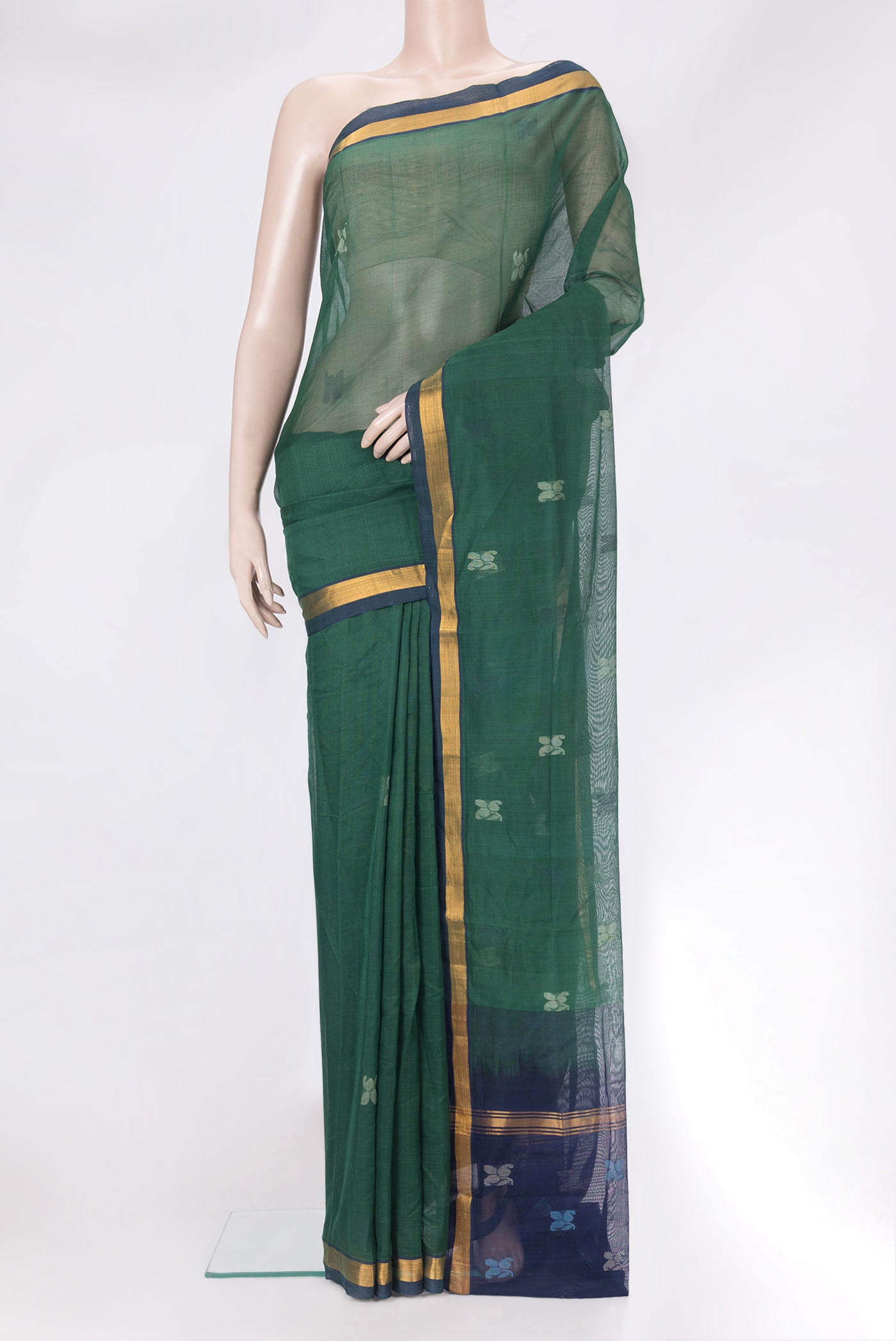 Bottle Green Uppada Cotton Saree with Thread Butta on the body and Zari Border.  displayed on a mannequin