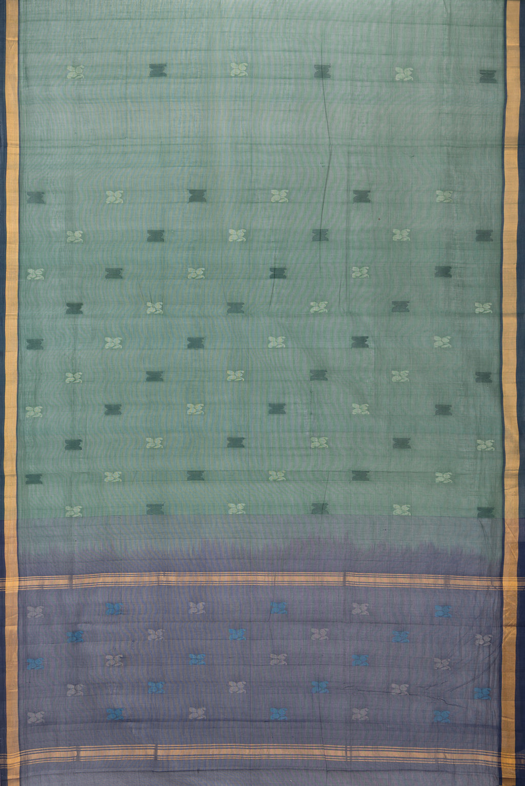 Flat view of Bottle Green Uppada Cotton Saree with Thread Butta on the body and Zari Border. 