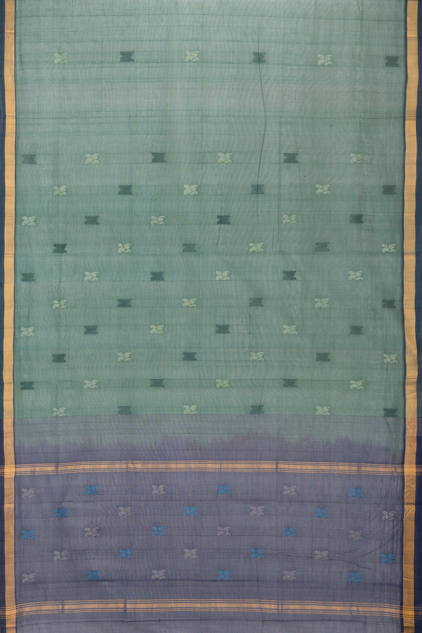 Flat view of Bottle Green Uppada Cotton Saree with Thread Butta on the body and Zari Border. 