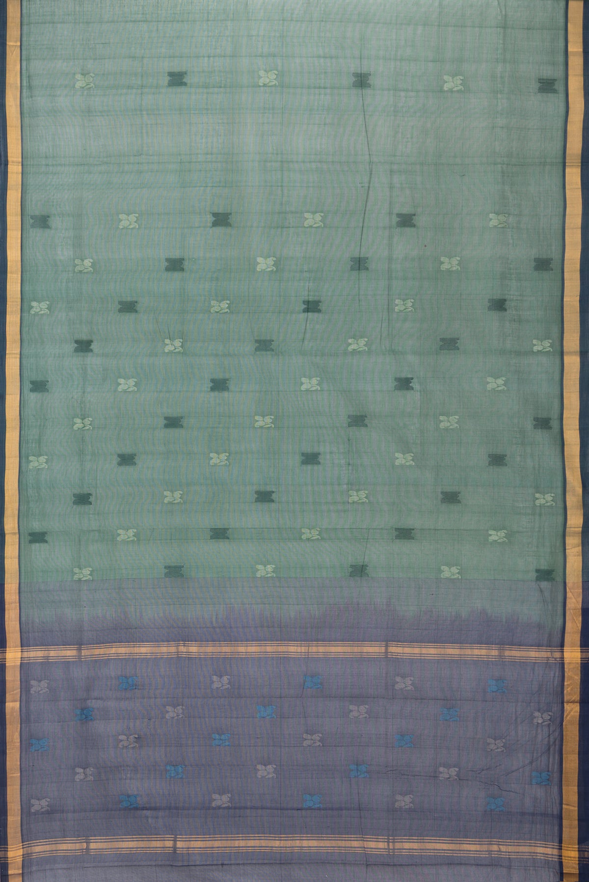 Flat view of Bottle Green Uppada Cotton Saree with Thread Butta on the body and Zari Border. 