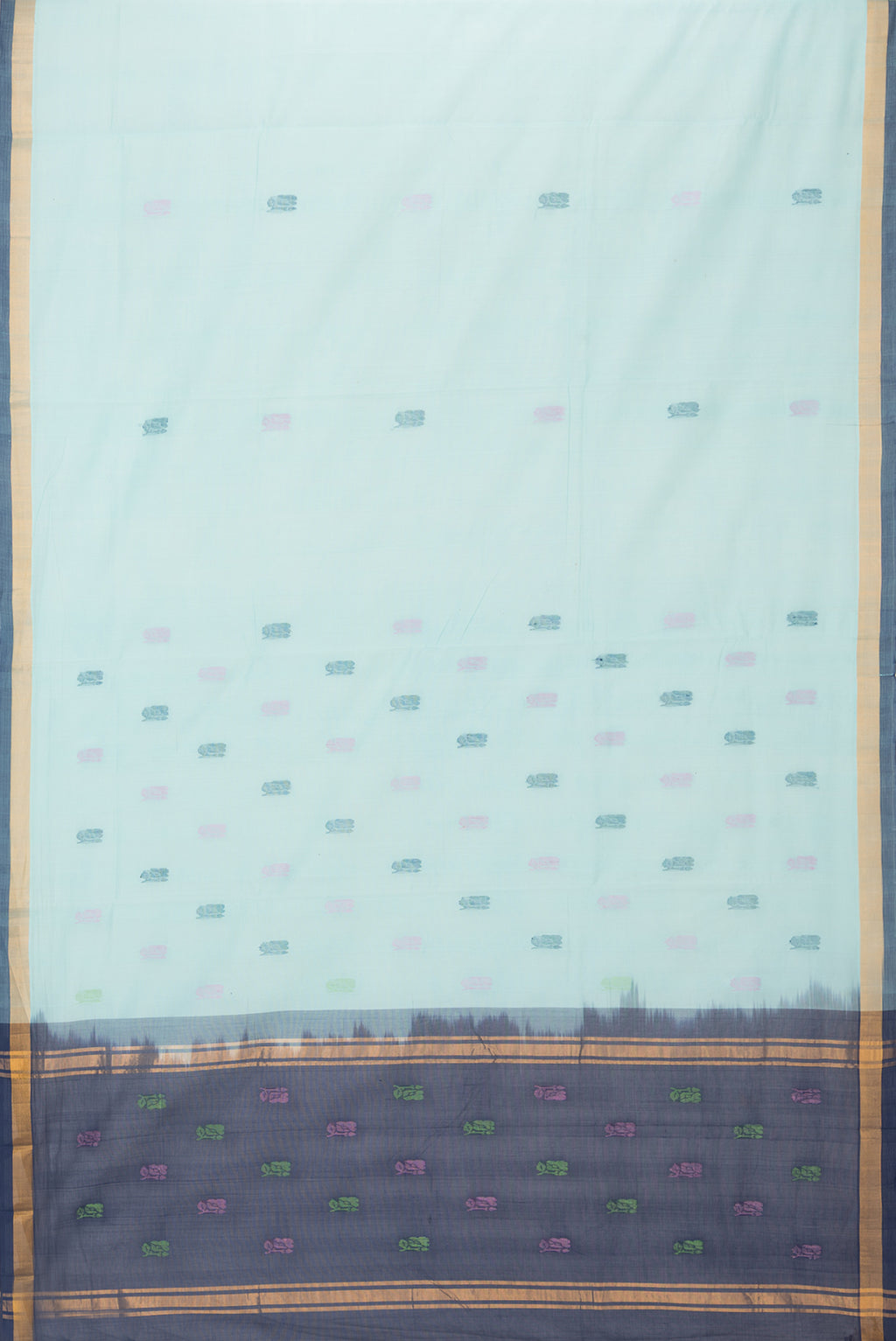 Flat view of Sky Blue Uppada Cotton Saree with Thread Butta on the body and Zari Border. 