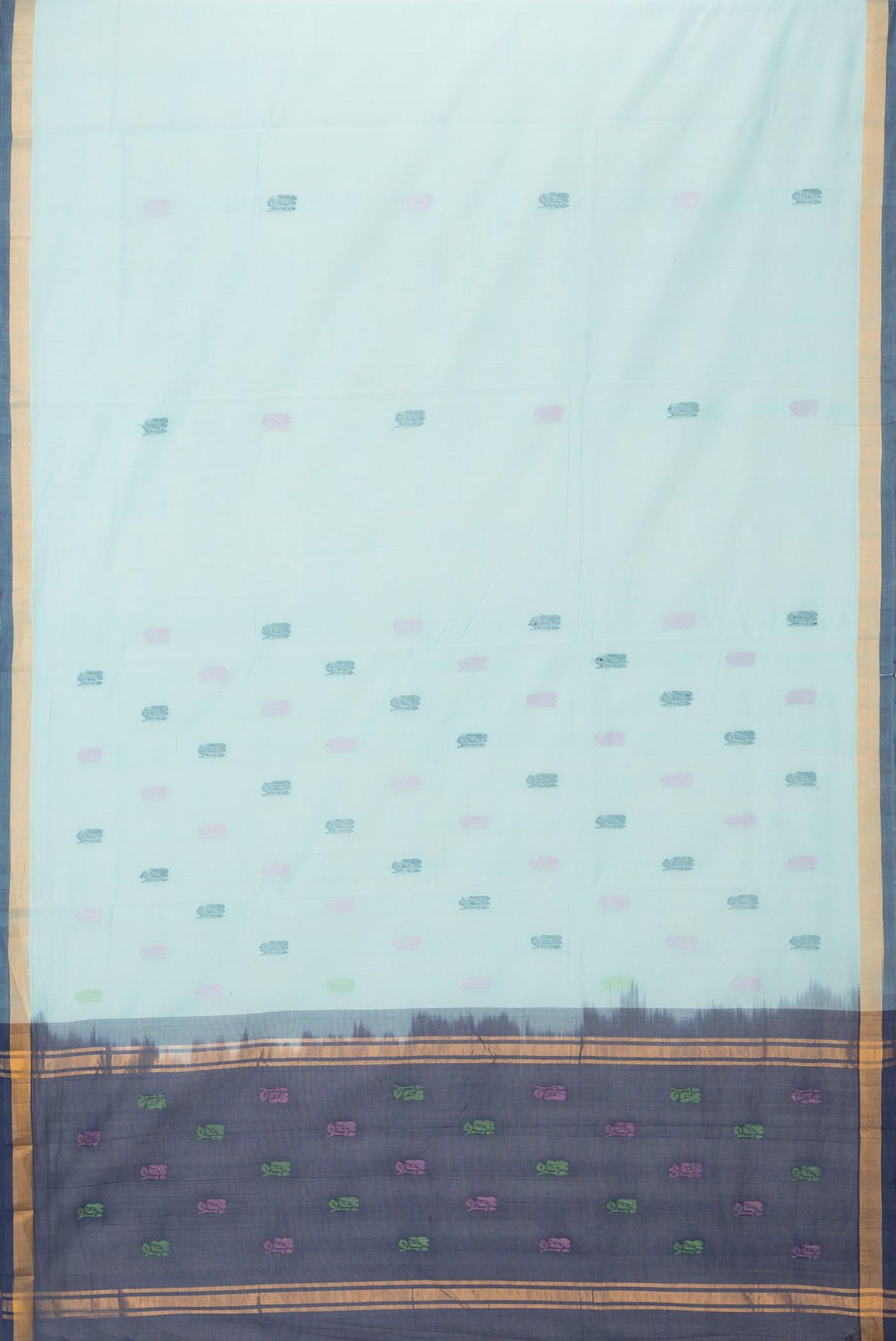 Flat view of Sky Blue Uppada Cotton Saree with Thread Butta on the body and Zari Border. 