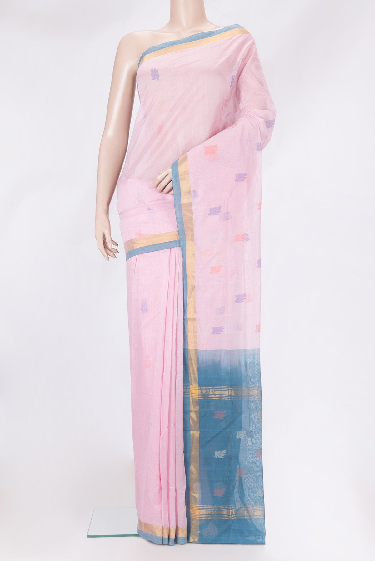 Pink Uppada Cotton Saree with Thread Butta on the body and Zari Border.  displayed on a mannequin