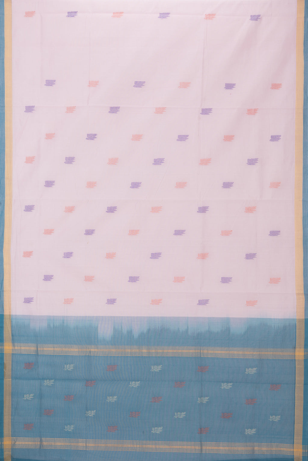 Flat view of Pink Uppada Cotton Saree with Thread Butta on the body and Zari Border. 
