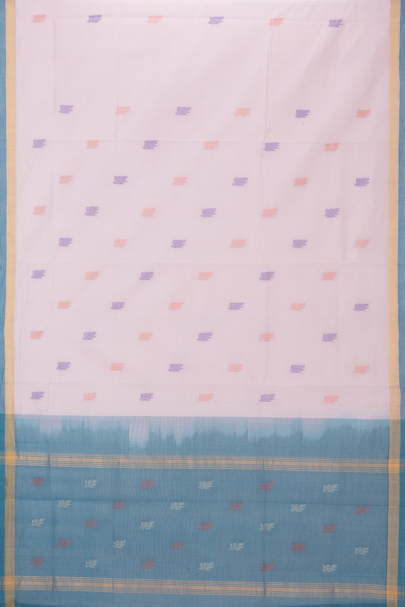 Flat view of Pink Uppada Cotton Saree with Thread Butta on the body and Zari Border. 