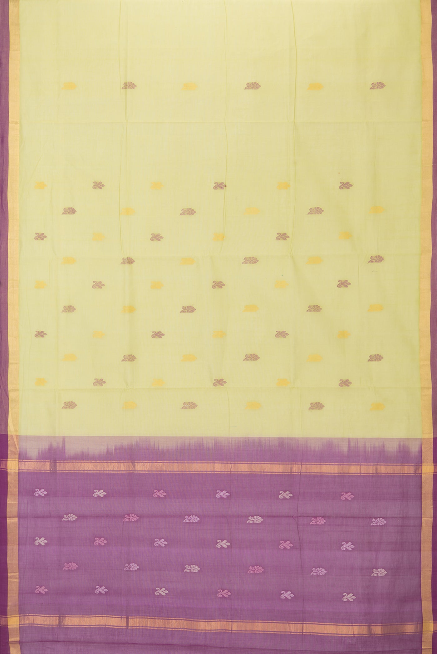 Flat view of Pista Green Uppada Cotton Saree with Zari And Thread Butta on the body and Zari Border. 