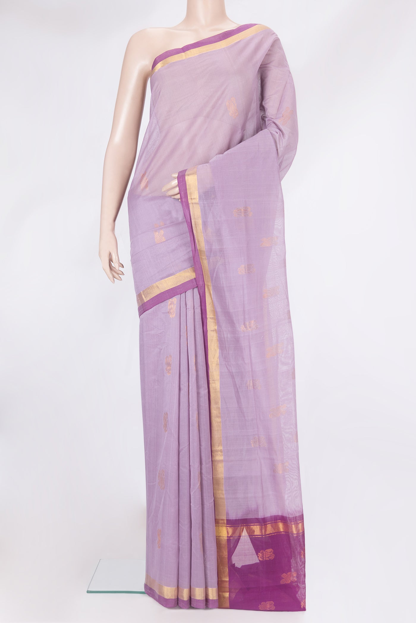 Lavender Uppada Cotton Saree with Zari Butta on the body and Zari Border.  displayed on a mannequin